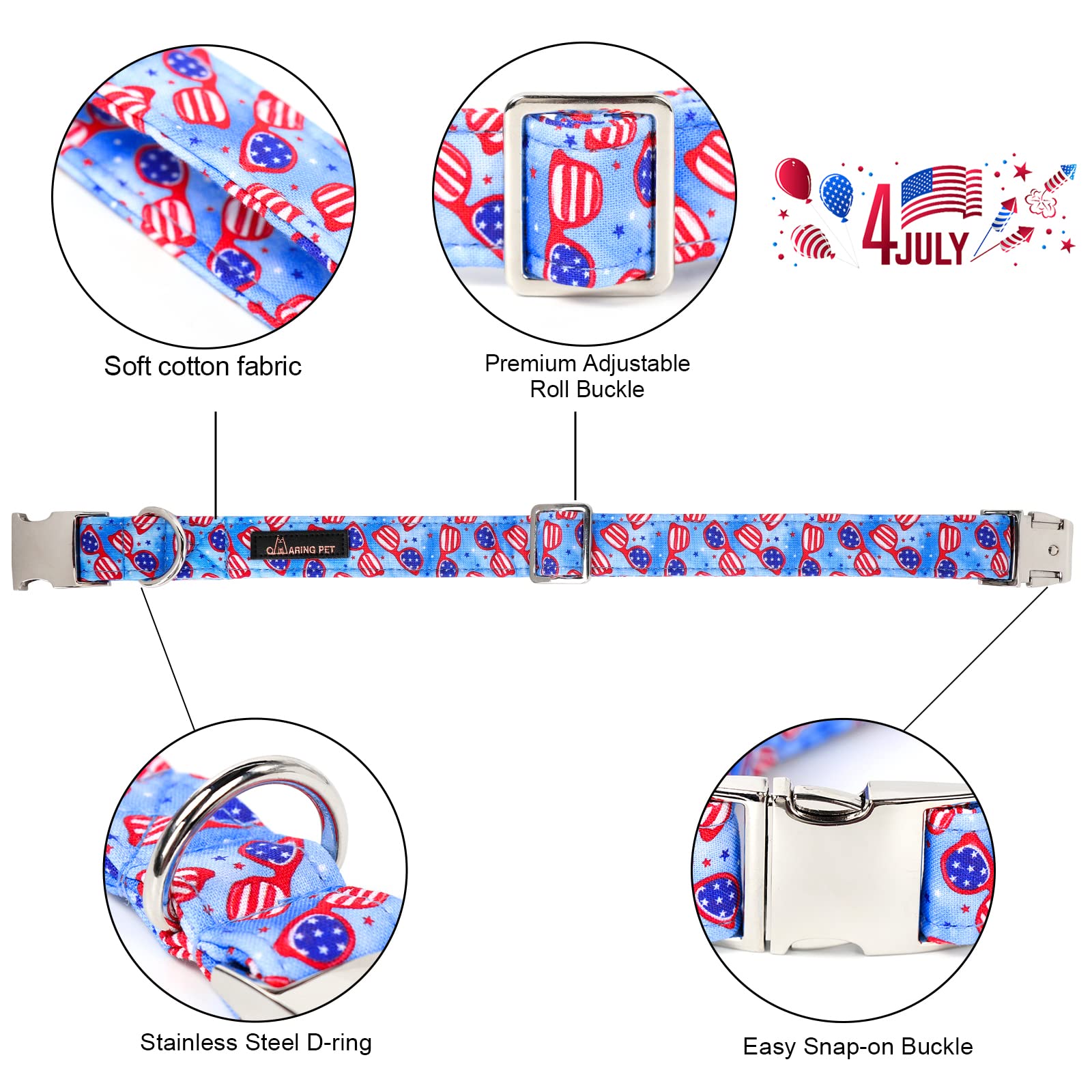 ARING PET American Flag Dog Collar-Cute Summer Patriotic Dog Collar with Bow, Adjustable 4th of July Dog Collars Gifts with Meta