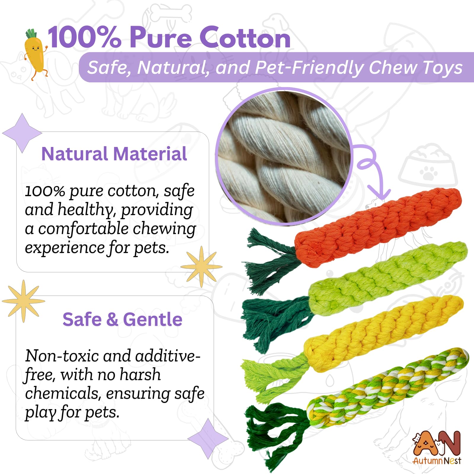 Autumnnest 4Pcs Mixed Color Woven Pet Chew Set (Yellow, Green, Orange, Rainbow), Dog Chew Toys, Cat Teething Toys, Durable & Saf