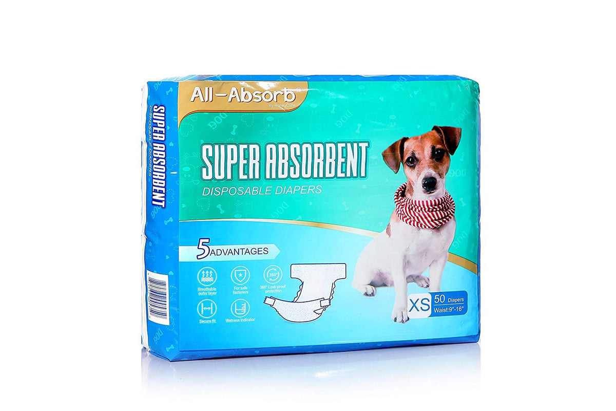 Honey Care All-Absorb Disposable Female Dog Diapers Extra Small Size, Improved, 50 Count, Super Absorbent, Breathable, Wetness Indicator