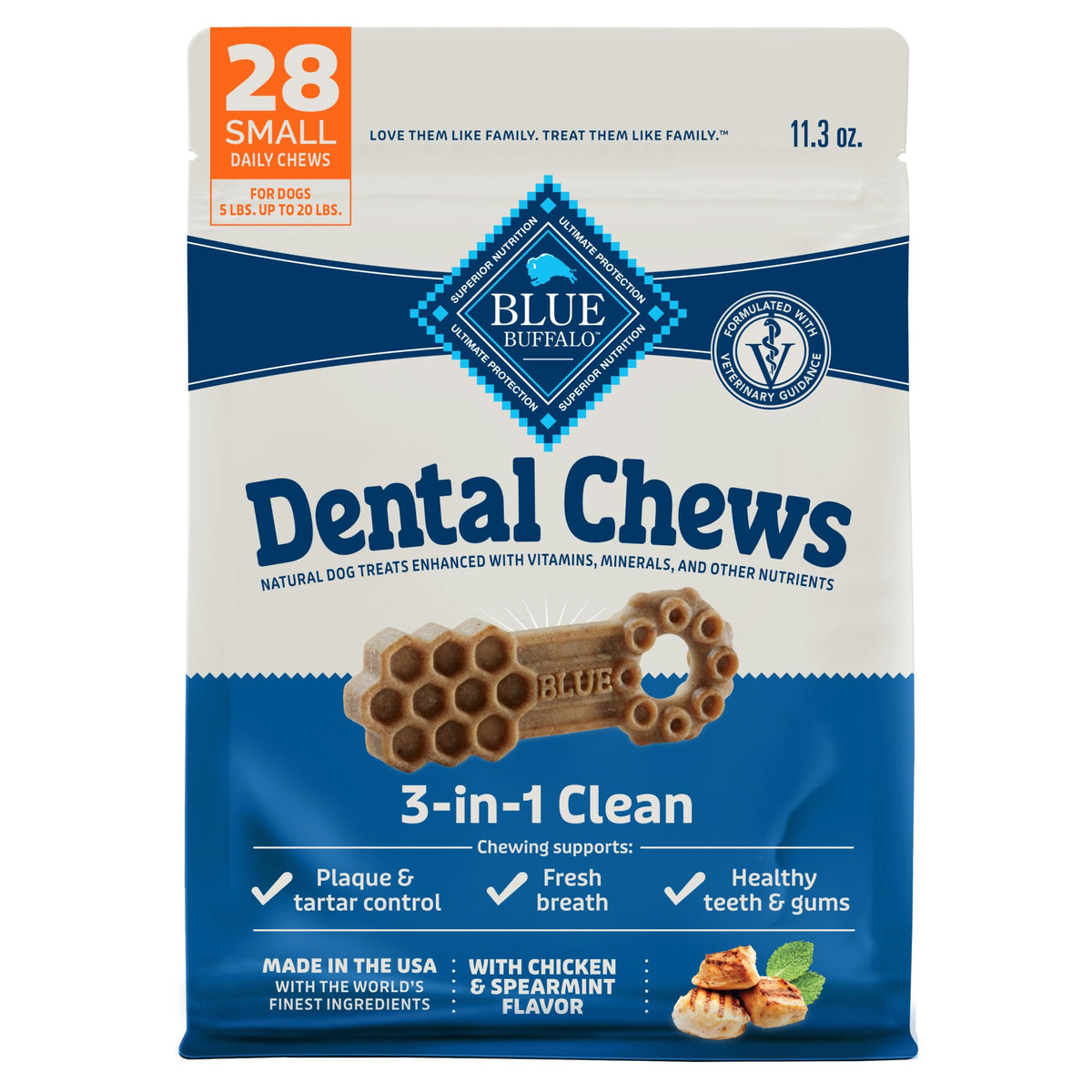 Blue Buffalo Dental Chews Small Natural Dog Treats, Chicken & Spearmint 11.3-Oz Bag (28 Count)