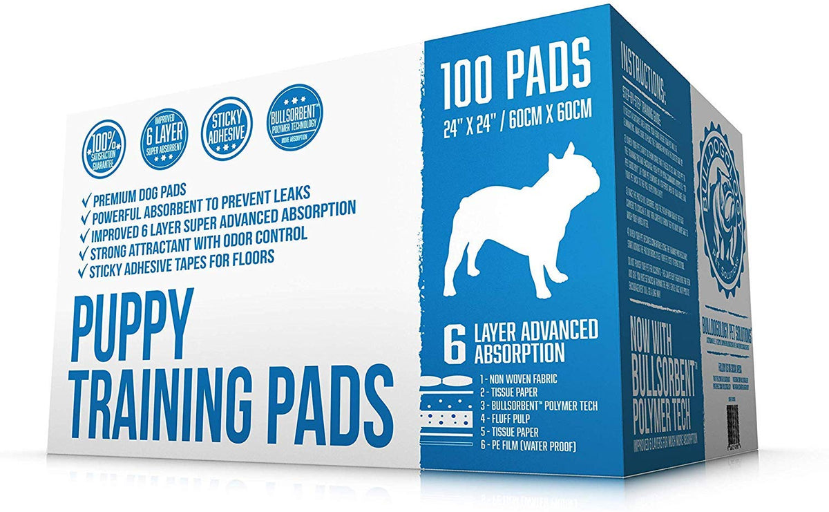 Bulldogology Puppy Training Pads - Pee Pads With Adhesive Sticky Tape (24X24) Large Dog Training Wee Pads With 6 Layer Extra Quick Dry Bullsorbent Polymer Tech (100-Count, White)