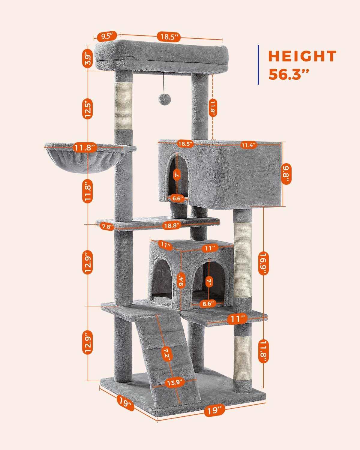 Muttros Cat Tree For Large Cats Adult With Super Large Top Perch, 56.3'' Cat Tower For Large Cats With Plush Hammock, Dangling P