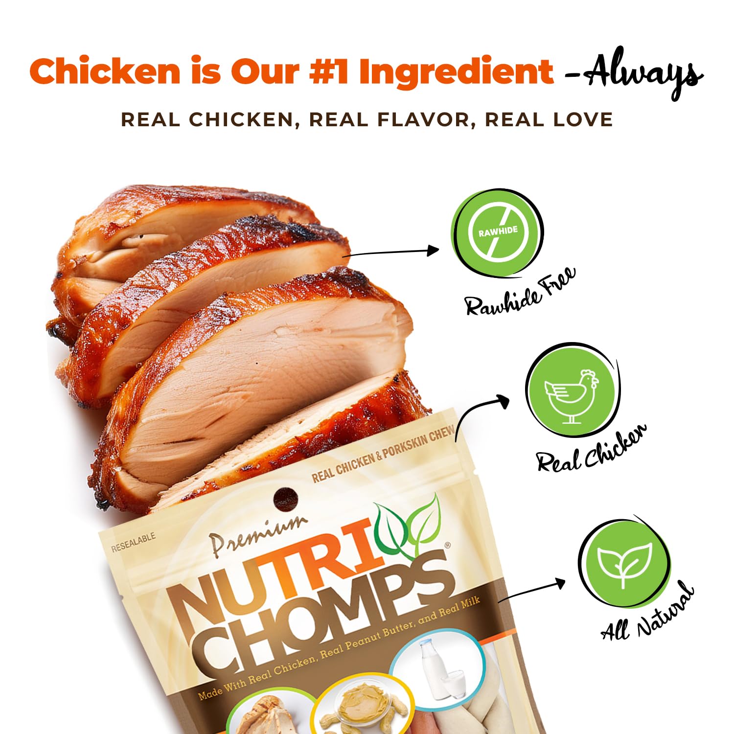 NutriChomps Dog Chews, 6-inch Braids, Easy to Digest, Rawhide-Free Dog Treats, Healthy, Real Chicken, Peanut Butter and Milk fla