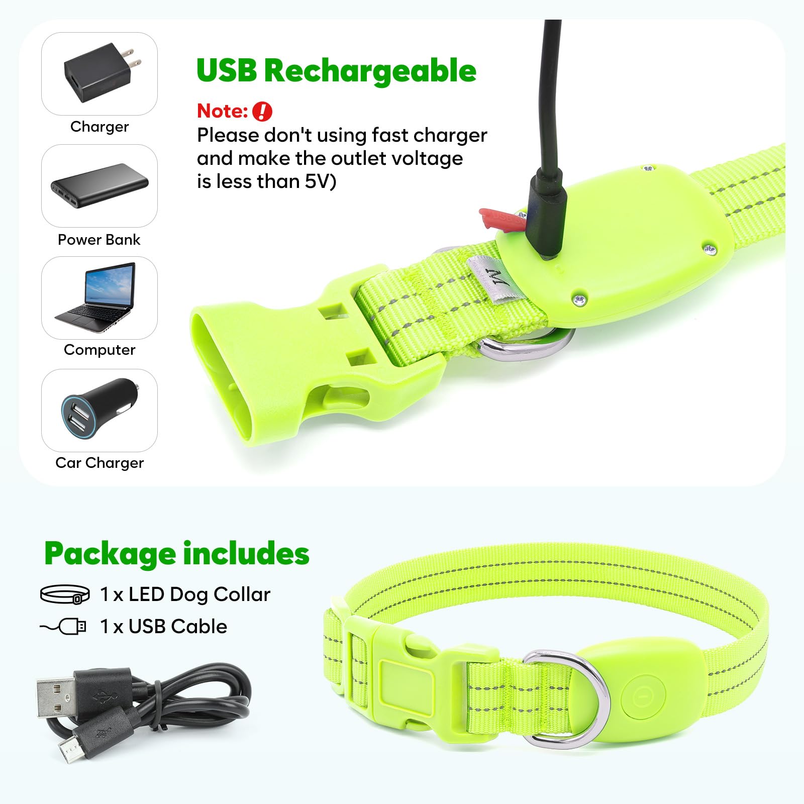 Led Lighted Reflective Dog Collar For Night Safety, Usb Rechargeable, Glow Collar For Dogs, Waterproof Adjustable Flashing (Gree