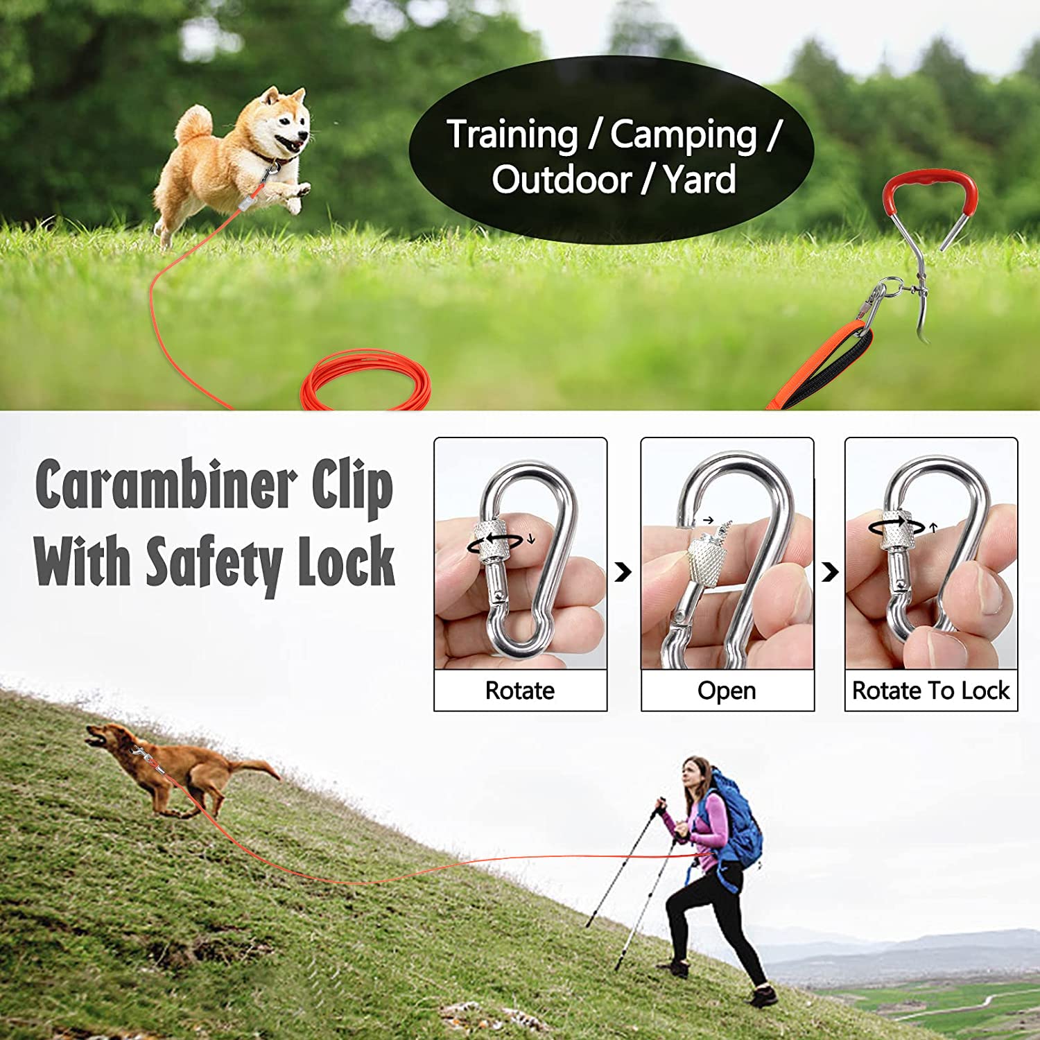 Furggis Long Dog Leash, Chew Proof Tie Out Cable, Heavy Duty 30FT, Orange, Durable PVC, Padded Handle for Medium Large Dogs