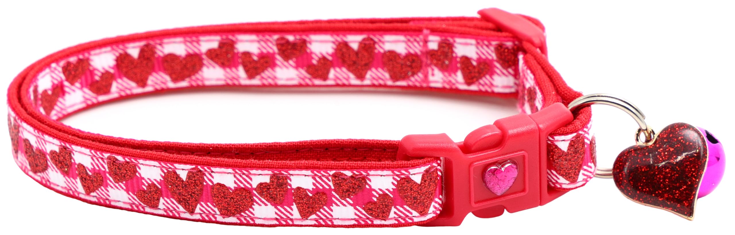 Valentines Day Cat Collar With Bell | Safety Breakaway Collar | Adjustable Large Size Or Kitten Collar (Red Glitter Heart On Bri