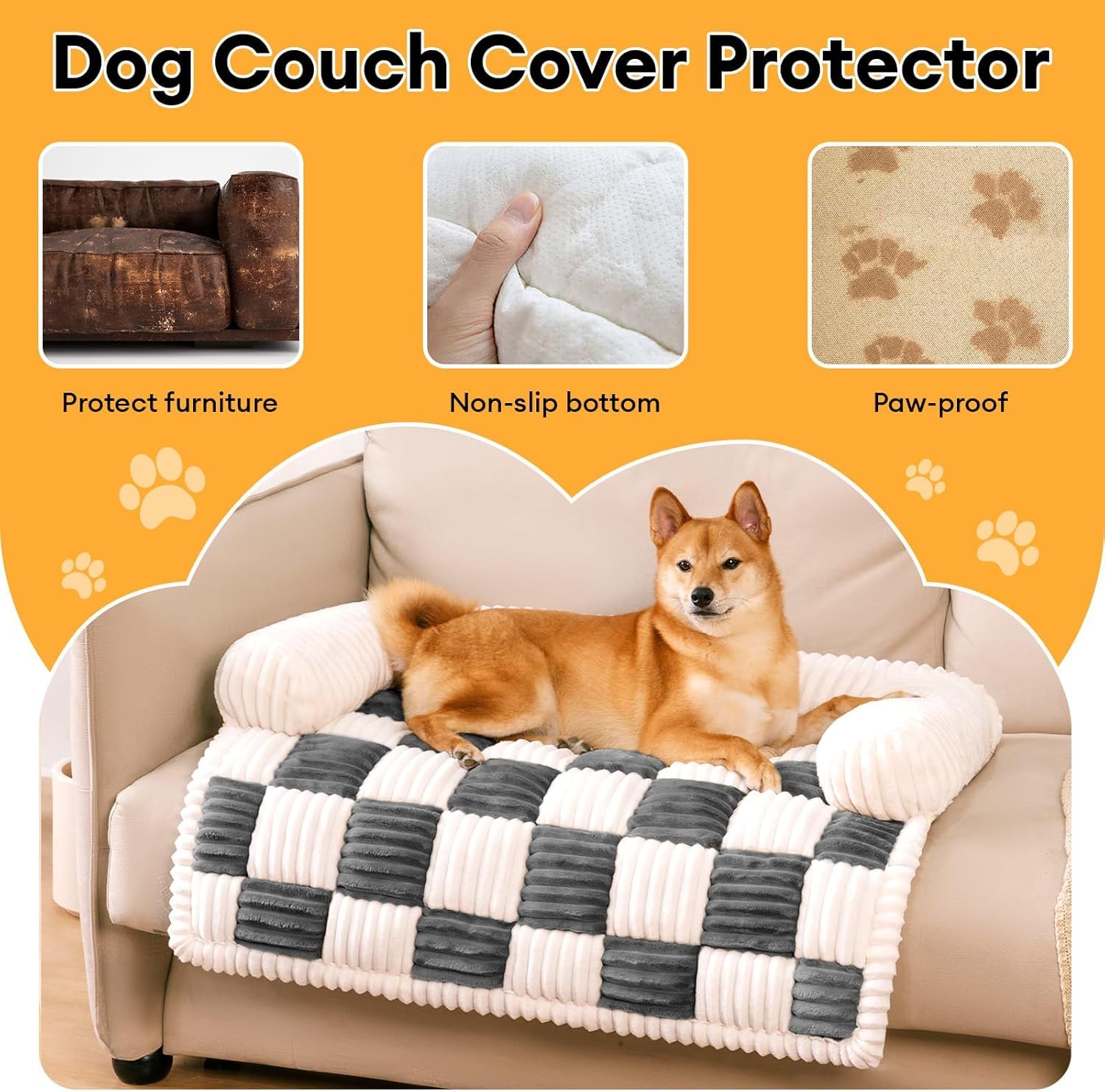 Funny Fuzzy Pet Couch Covers For Sofa, Dog Couch Cover Bed Washable Plush Pets Mat For Furniture Protector Cream Square Plaid Co