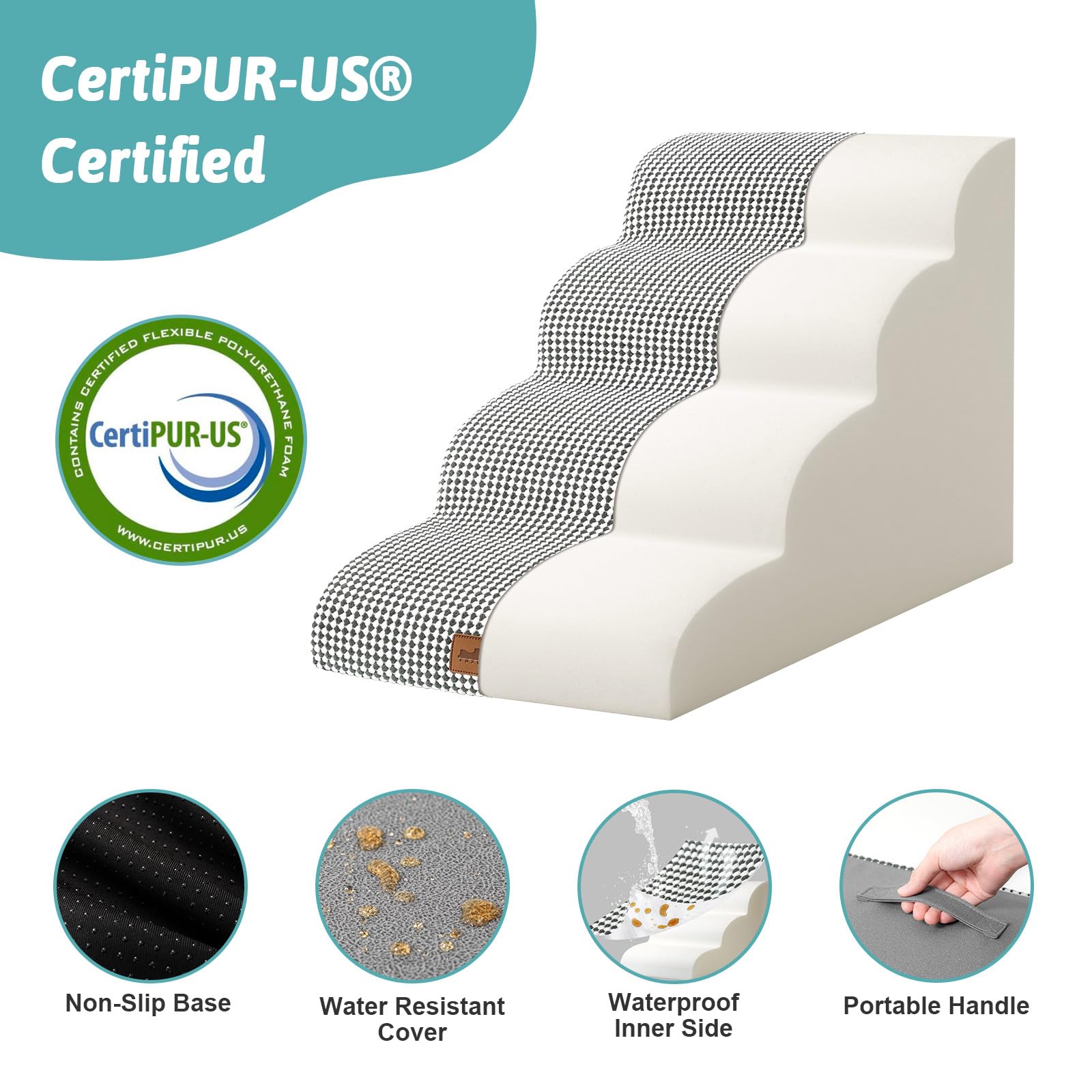 COZY KISS Dog Stairs - 4 Step High-Density Foam Ramp for Small Dogs, 19.7" H, White Black, Ideal for Sofa, Couch, or Bed