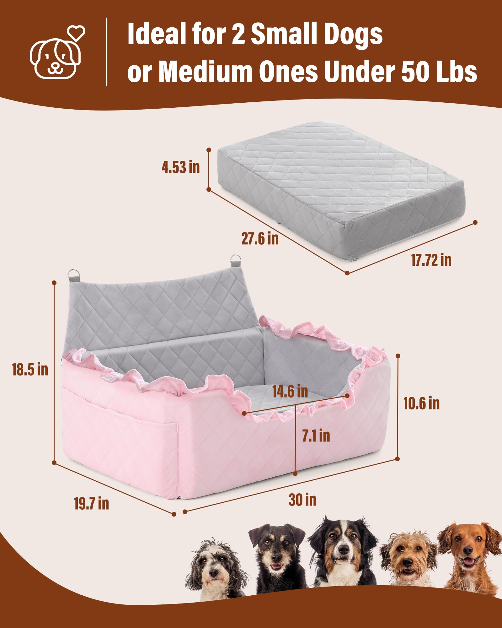 Dog Car Seat for Large Medium Dogs Under 55 lbs, Dog Booster Seat for 2 Small Dogs, Detachable Washable Pet Travel Bed with Thic