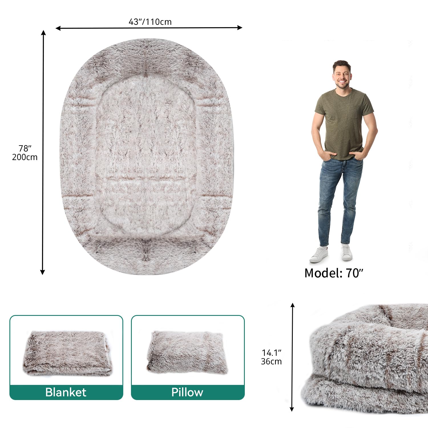 Yitahome Human Dog Bed, 79''X43'' Extra Large Memory Foam Dog Beds For Adults And Pets With Blanket And Pillow, Washable Fur Cov
