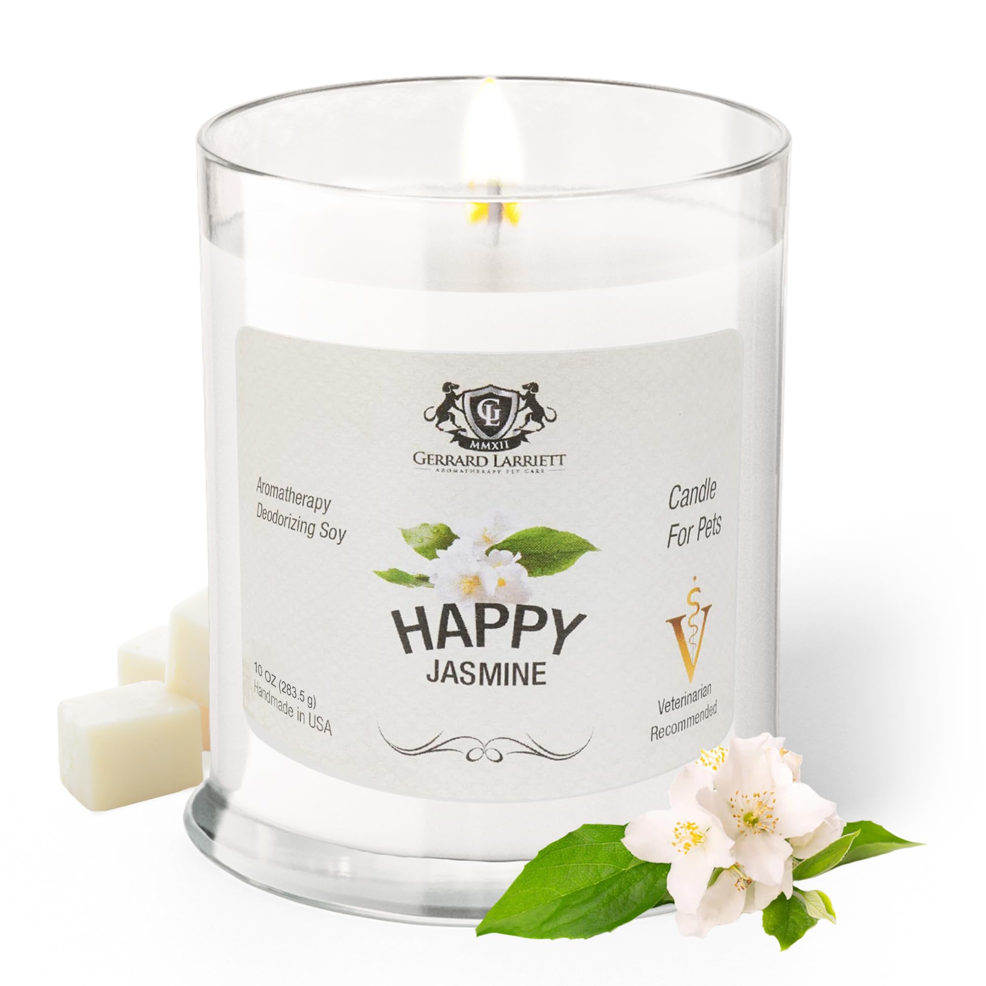 Gerrard Larriett - Deodorizing Soy Candles For Pets, Scented Candles For Removing Pet/Household Odors, Lasts Up To 40 Hours, White Candles For Home Scented With Happy Jasmine Fragrance, 10 Oz