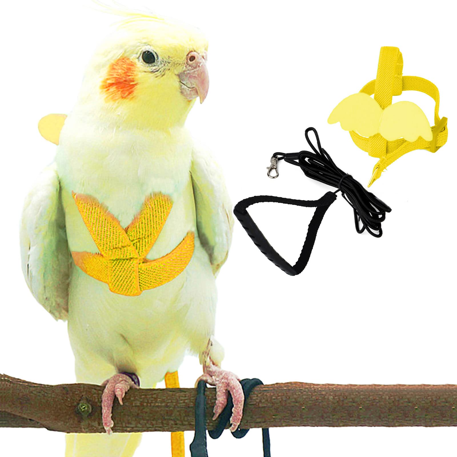 Dnoifne Pet Parrot Bird Harness And Leash, Adjustable Training Design Anti-Bite, Bird Nylon Rope With Cute Wing For Parrots, Suitable For Scarlet, Keck, Mini Macaw And Same Size Birds (Yellow)