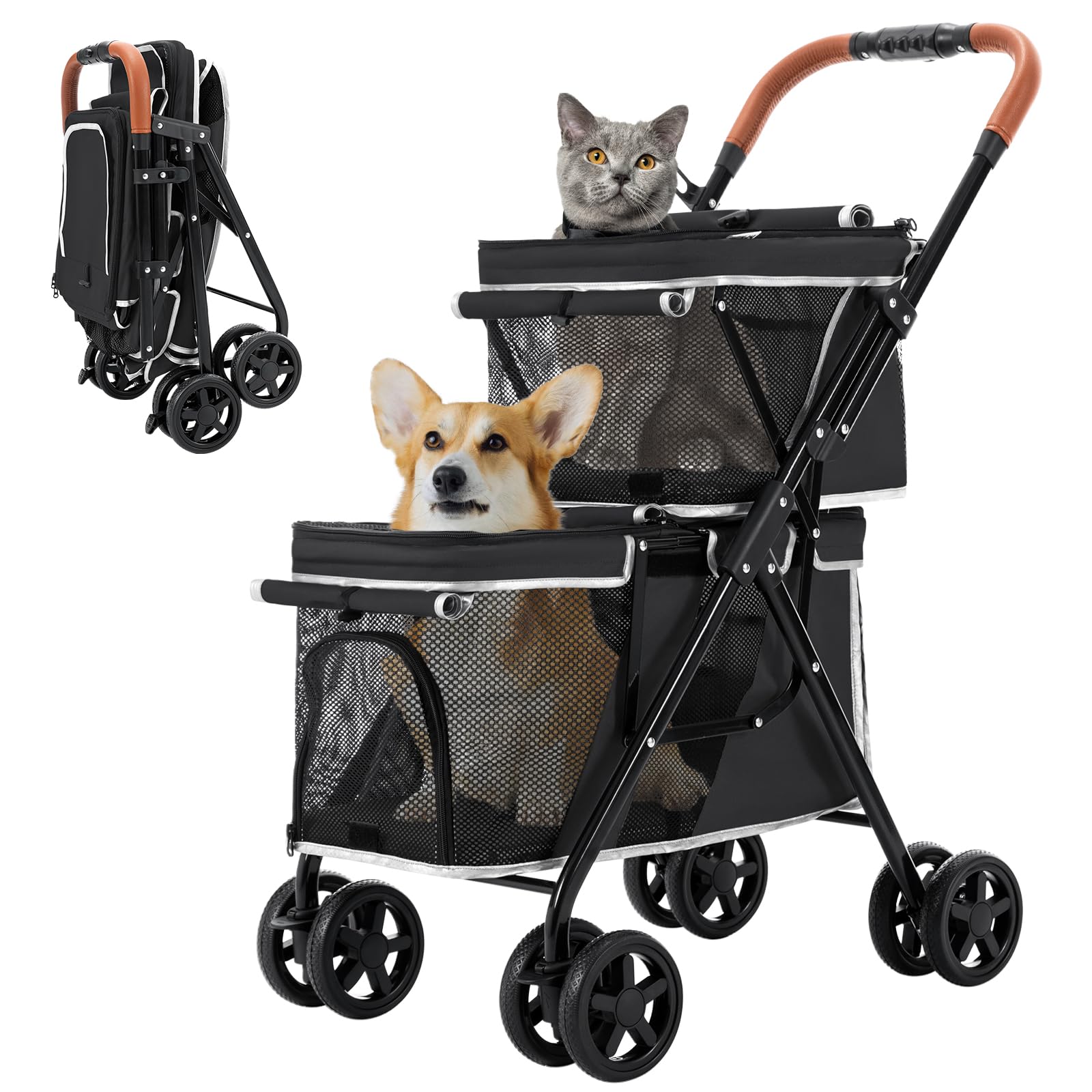 Lpotius Double Pet Stroller For Dogs And Cats, One-Hand Folding Dog Stroller Travel Carriage For Small Medium Dogs Cats, 4 Wheel