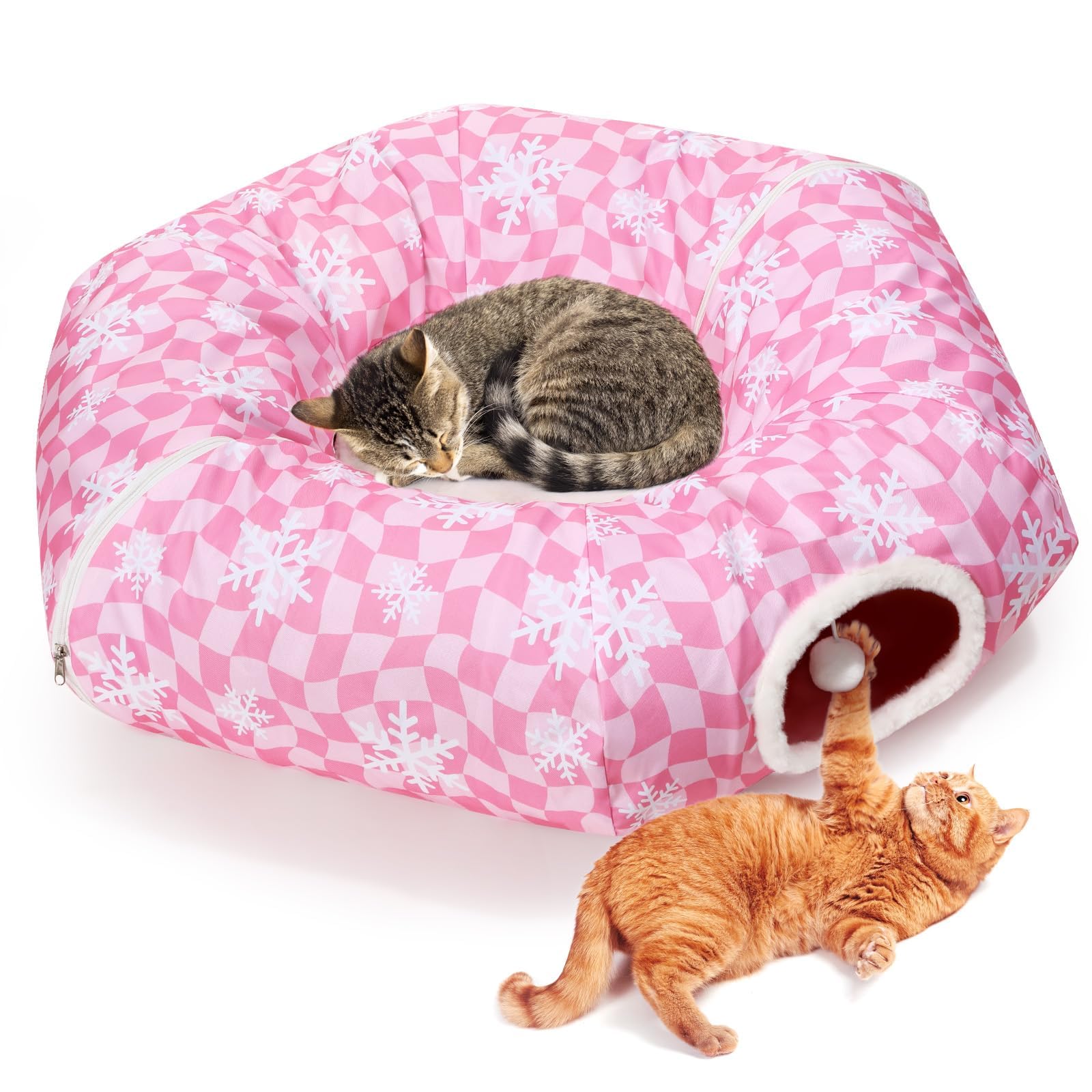 Pink Cat Tunnel Bed Peekaboo Cat Cave Donut Under Christmas Tree Pink Checker With Snowflakes Festive Decor Perfect For Small Me