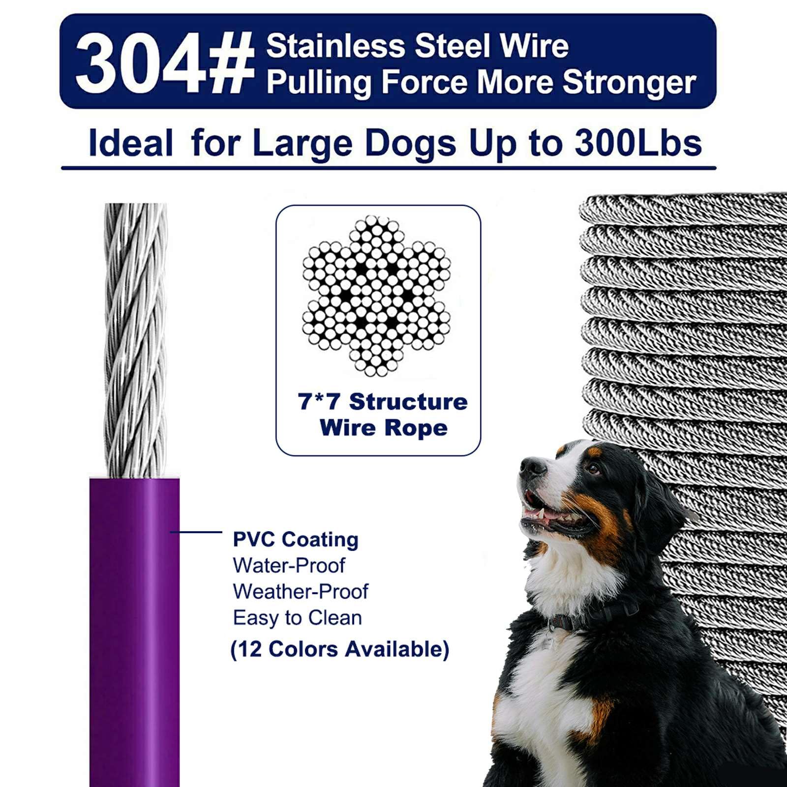 Tie Out Cable For Large Dog, 100Ft Pet Runner For Yard, Heavy Duty Swivel Hooks Lead Holds Break Strength Of 1000Lbs, Steel Wire