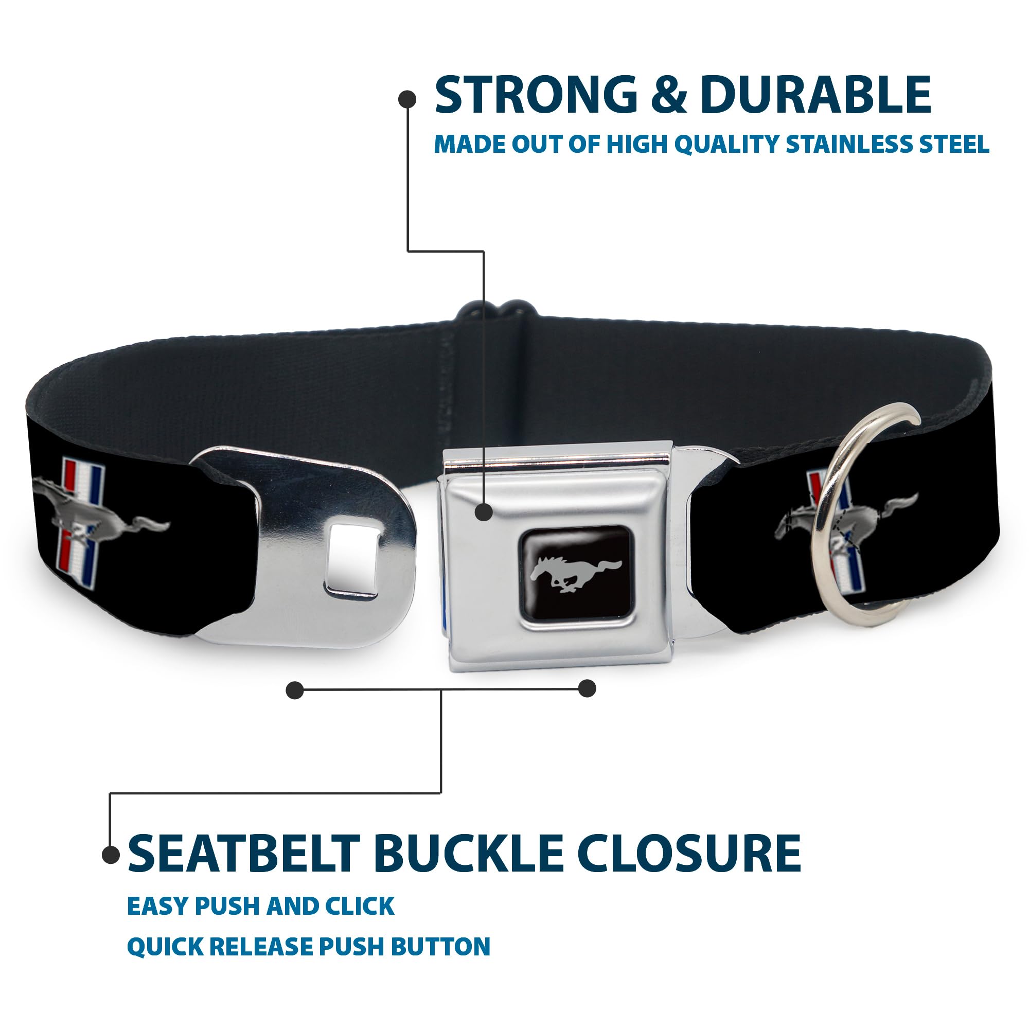 Buckle-Down Seatbelt Buckle Dog Collar - Ford Mustang W/Bars Logo Repeat - 1.5' Wide - Fits 16-23' Neck - Medium