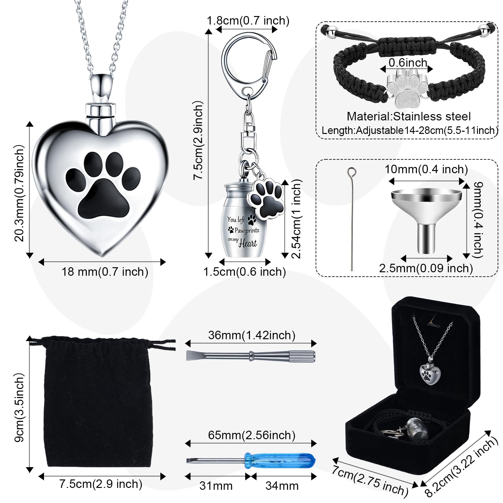 Faculx 3-Piece Cremation Jewelry Set For Ashes - Heart Urn Necklaces For Ashes, Paw Print Urn Bracelet For Ashes, Keychain - Ash