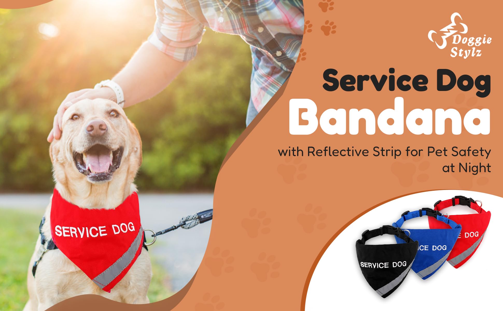 Doggie Stylz Service Dog Bandana With Reflective Strip For Pet Safety At Night. Has Built In Matching Collar To Keep Bandana Sec