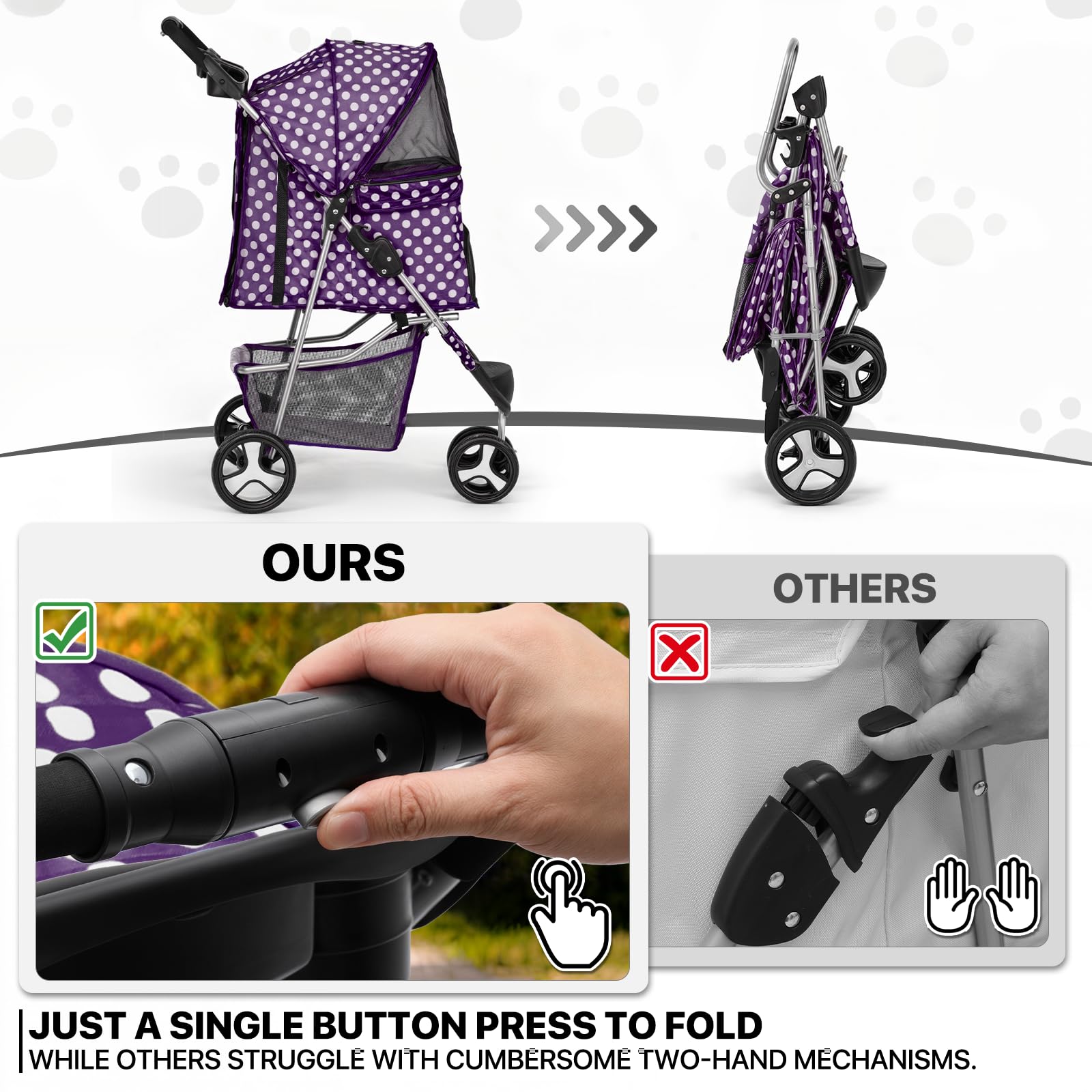 MoNiBloom 3 Wheels Pet Dog Cat Stroller for Small Medium Dogs Cats, Foldable Jogger Stroller w/Storage Basket and Cup Holder, Pu
