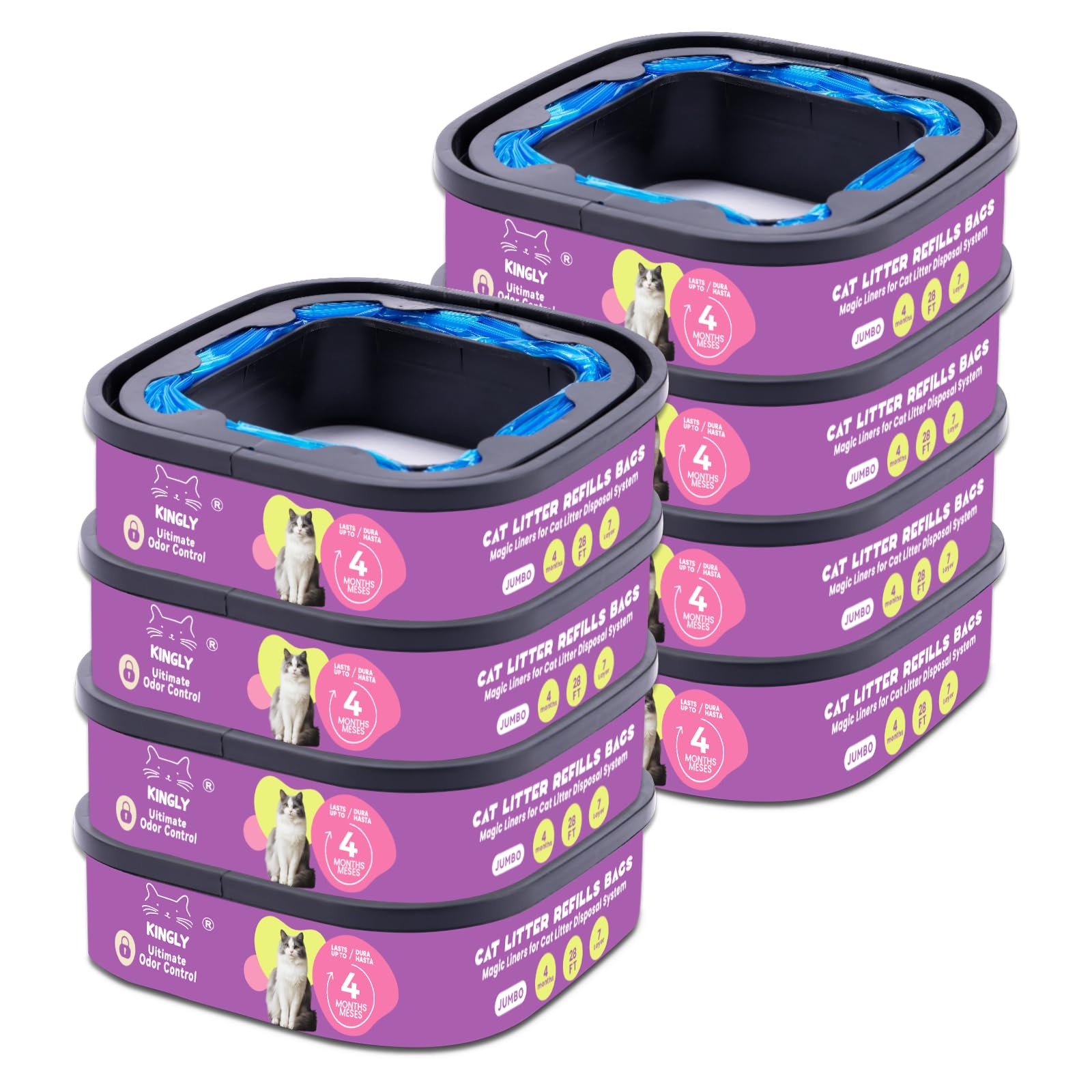 Premium Cat Litter Refill Bags |Jumbo 28Ft 8-Pack | Lasts Up To 32 Months | 8 Cartridges For Superior Odor Control
