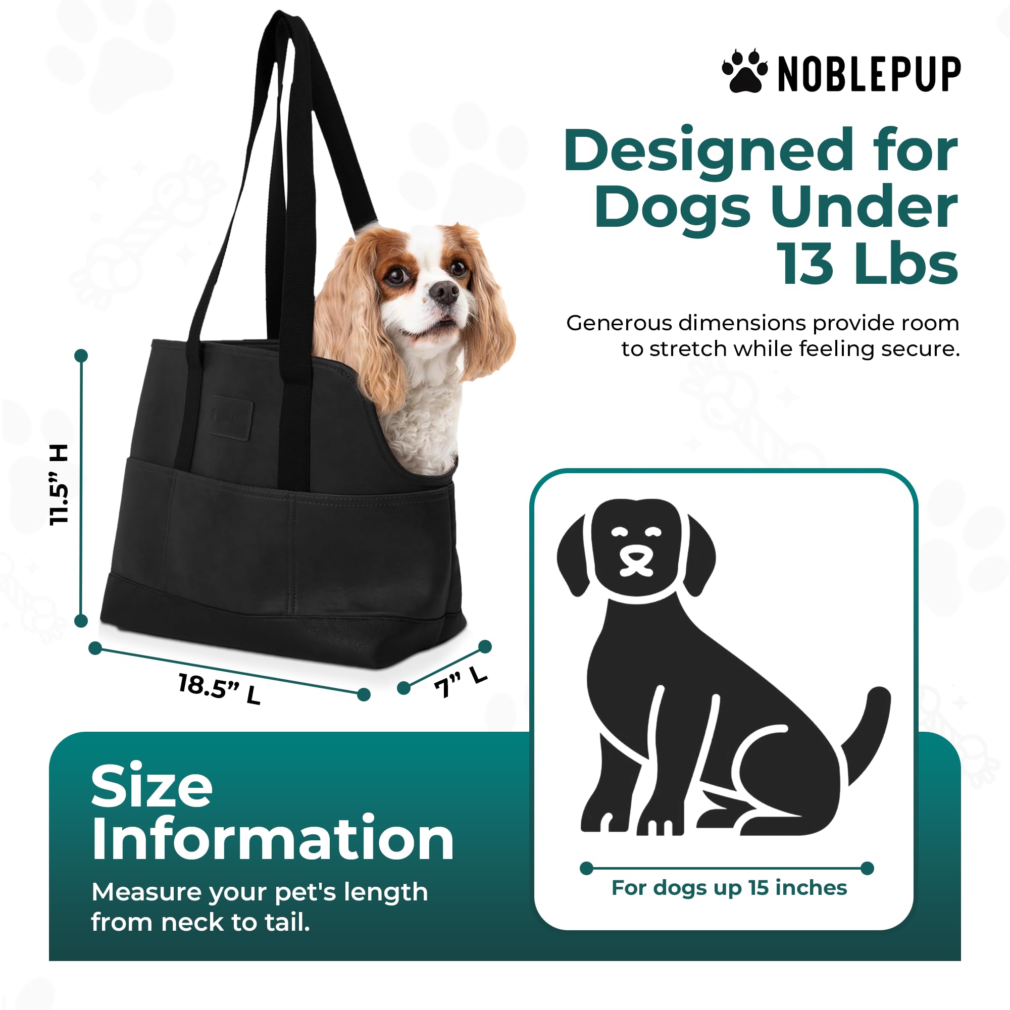 Noblepup Luxury Dog Purse Carrier - Black Faux Leather Pet Carrier, Secure Harness Clip, Tote Bag For Small Dogs And Puppies