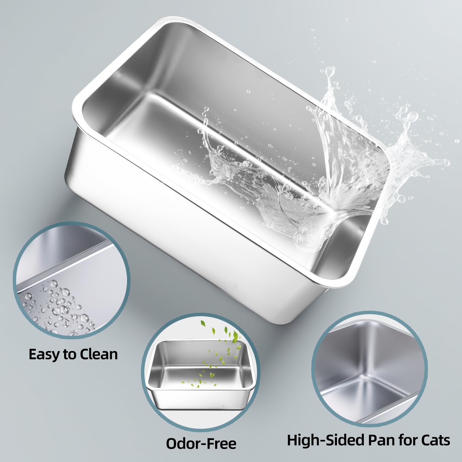 Stainless Steel Cat Litter Box - Large Metal High-Sided Litter Pan For Cats, Rabbits, And Pets, Non-Stick, Odor-Free, Easy To Cl