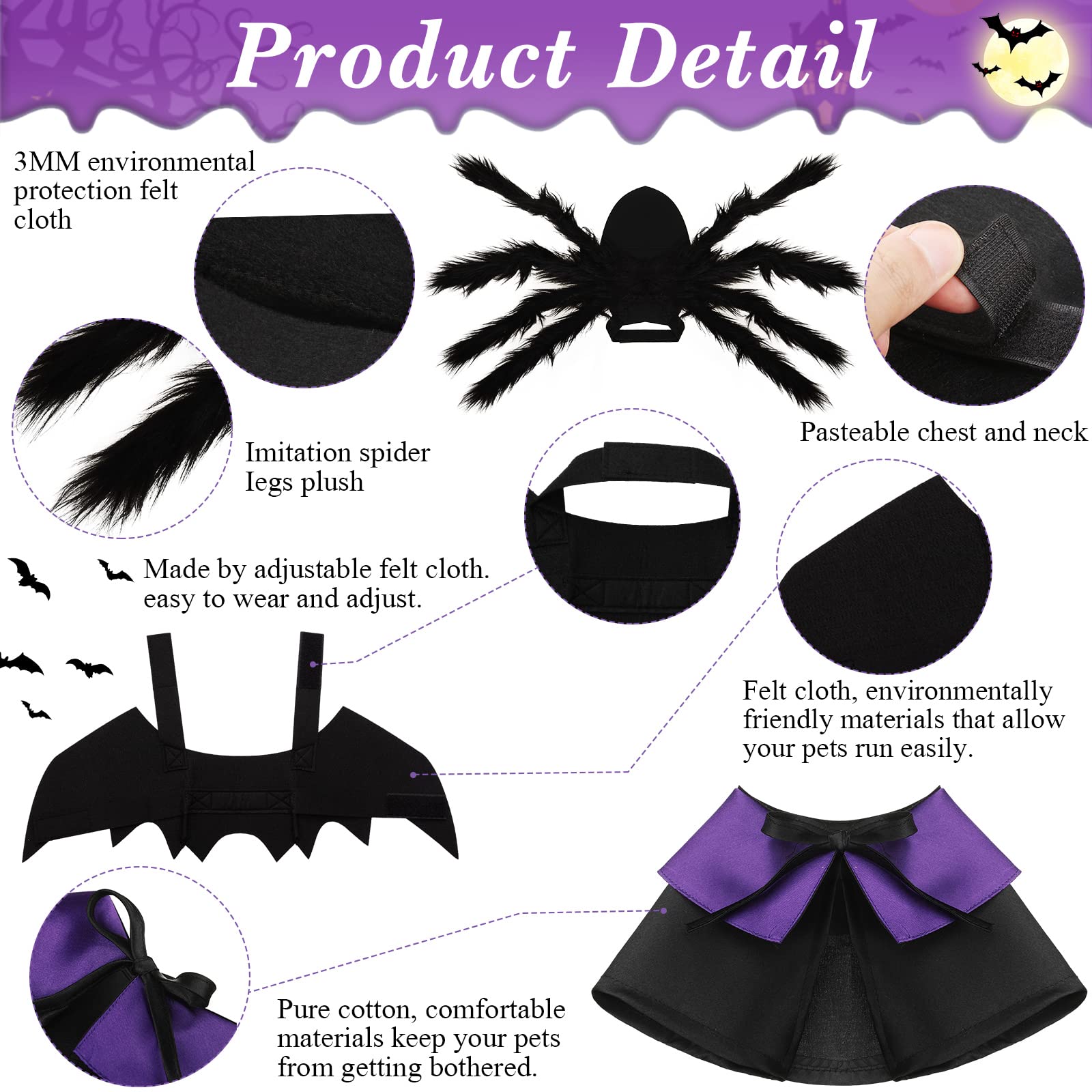 3 Piece Halloween Cat Dog Costume Set, Pet Bat Witch Vampire Pumpkin Cloak Giant Imitation Pet Spider Pets Costume Cosplay Accessories Halloween Pets Decoration For Dogs Puppy Cats (Cool,M)