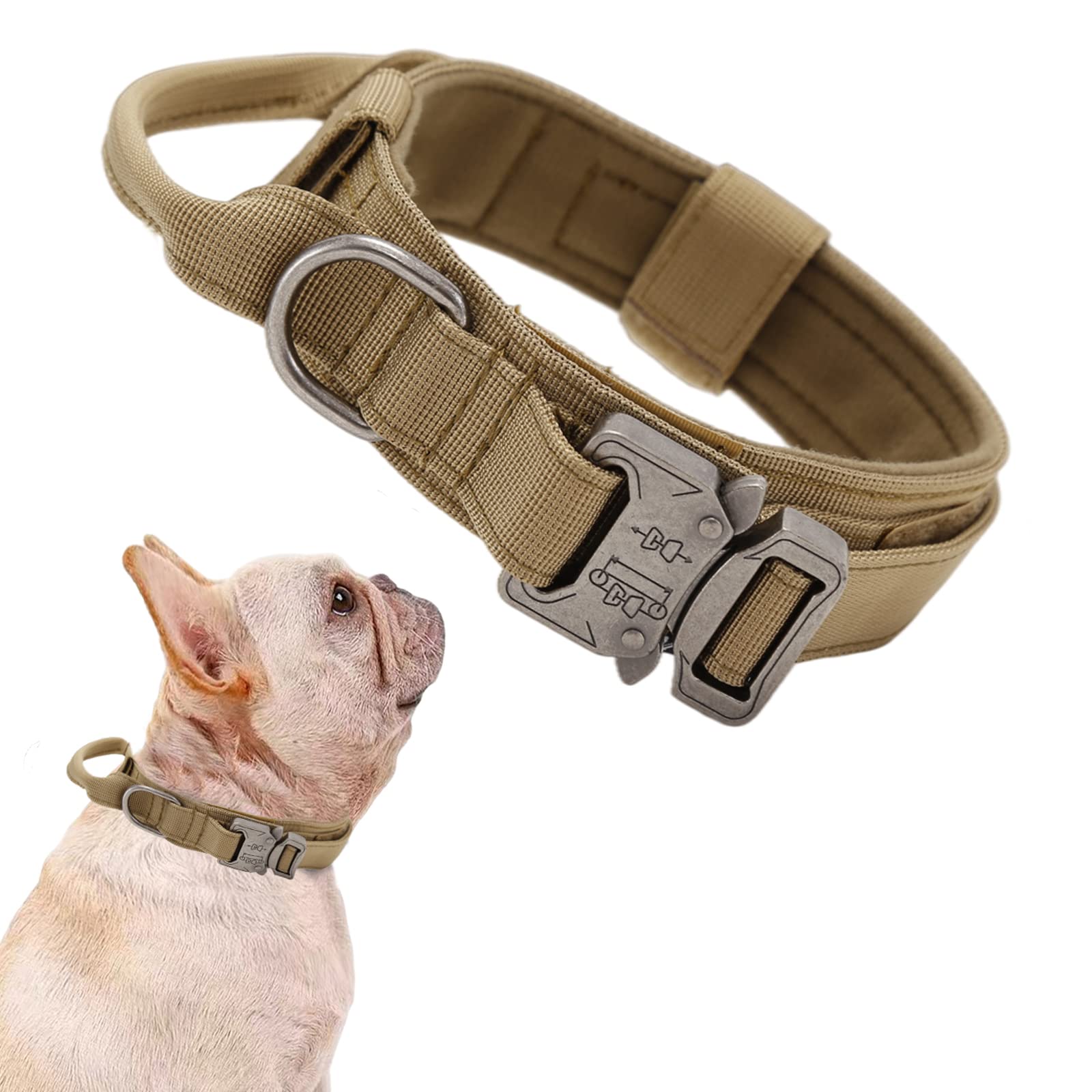 Tactical Dog Collar Military Dog Collar Adjustable Nylon Dog Collar Heavy Duty Metal Buckle With Handle For Dog Training (Brown,S)