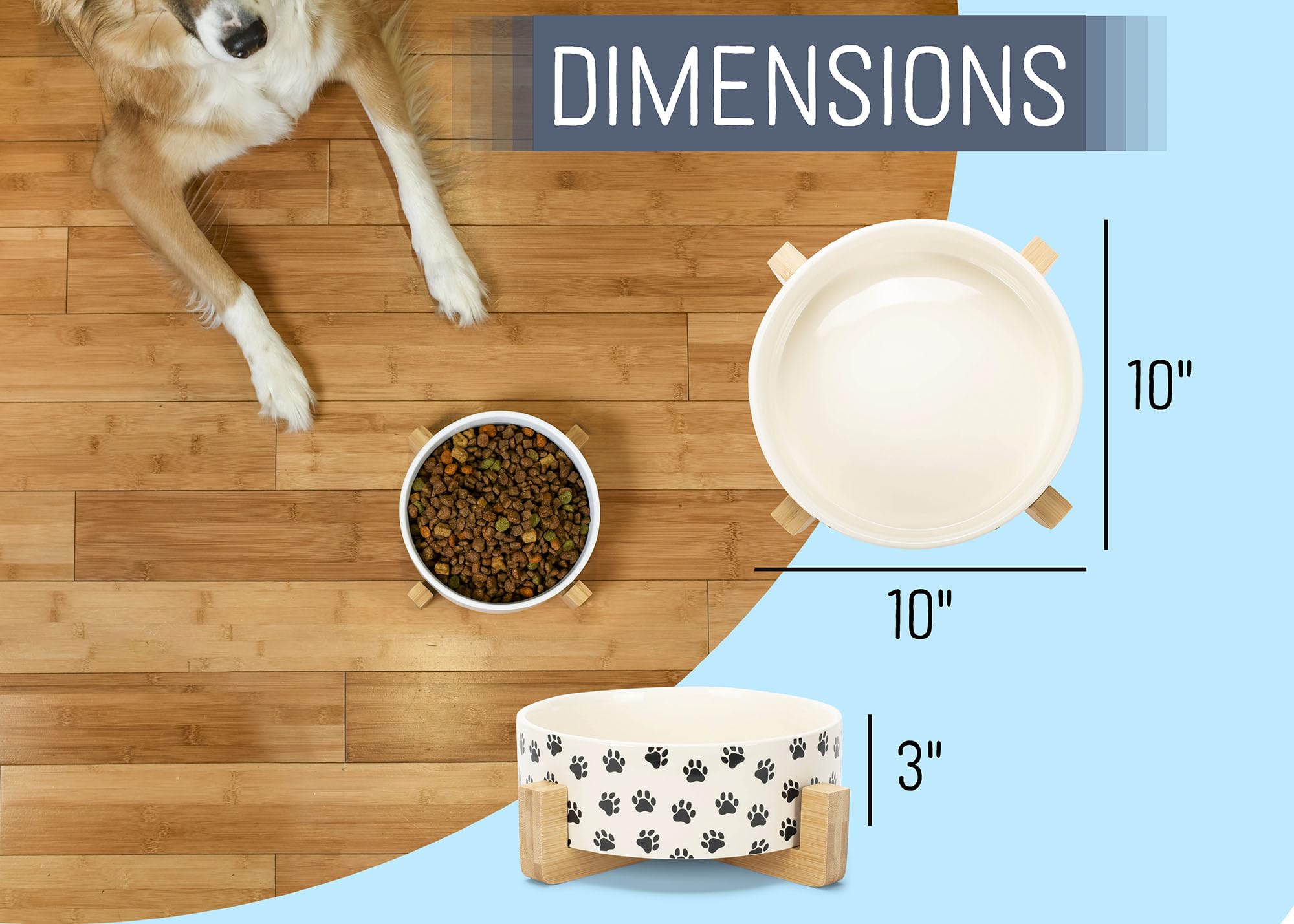 Nat & Jules Large Pawprint Black And White 8 Inch Stoneware Ceramic And Wood Pet Bowl With Stand