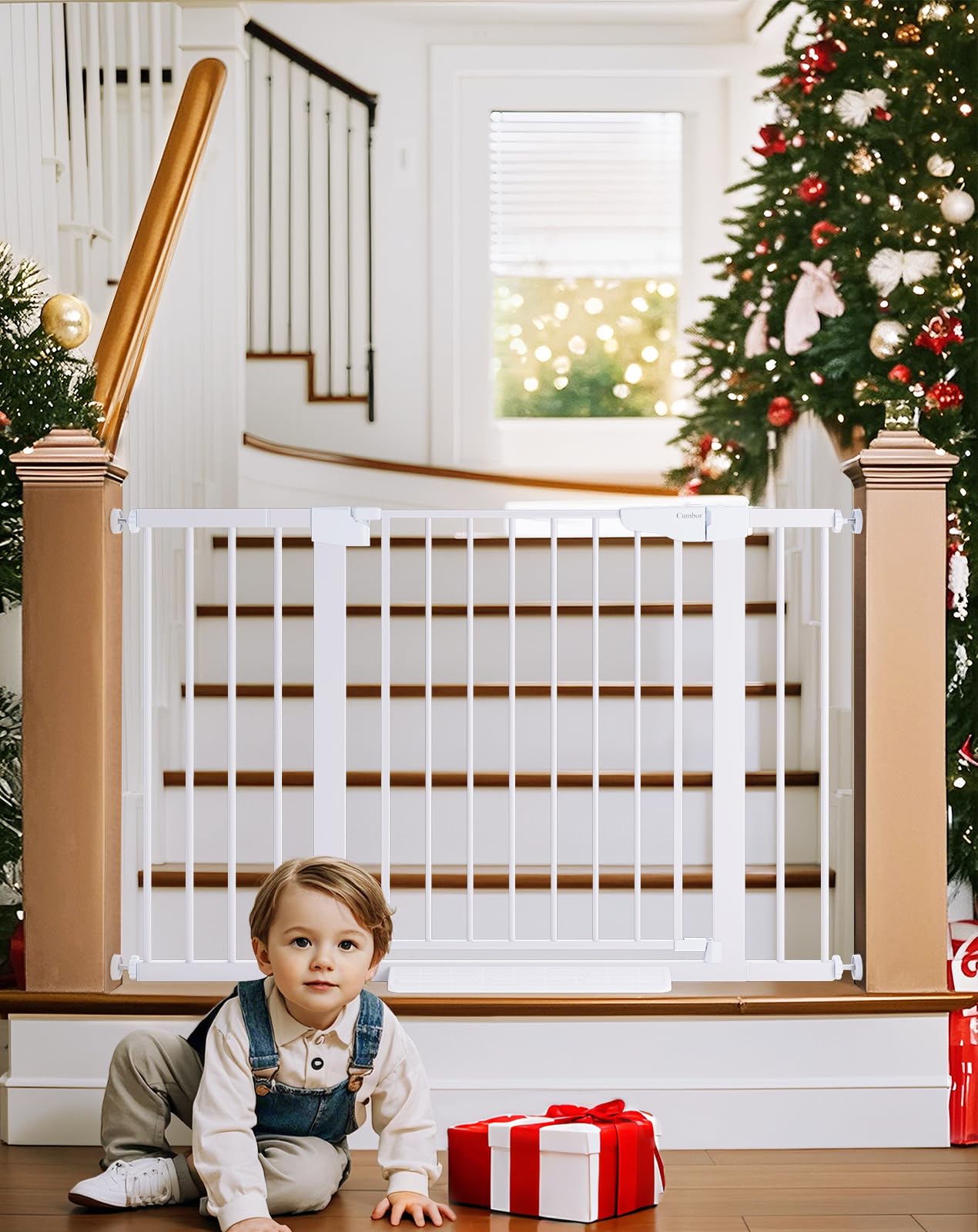 Cumbor 29.7-48' Baby Gate For Stairs, Mom'S Choice Awards Winner-Dog Gate For Doorways, Auto Close Safety Pet Gate For Dogs Indoor, Easy Install Pressure Mounted Child Gate With Walk Thru Door, White