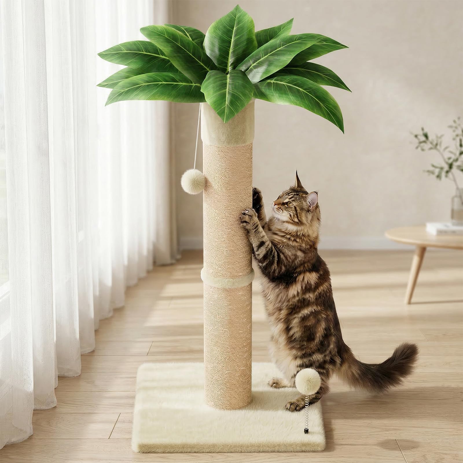 XiaZ Cat Scratching Post 34'' Tall, HeavyDuty and Thicker Cat Tower Scratcher with 2 Interactive Toy Balls, Premium Natural Sisa