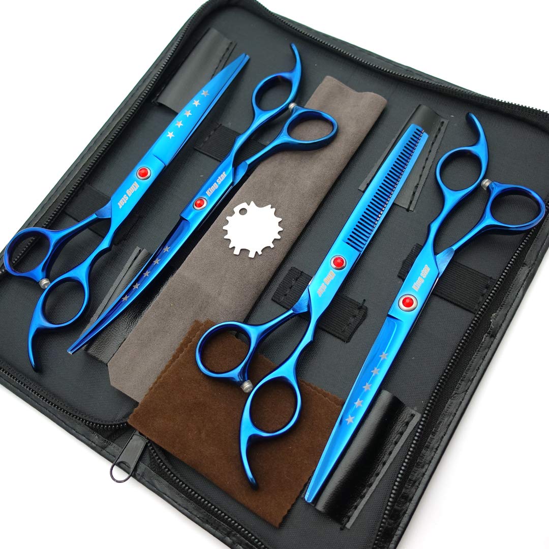 7.0In Titanium Blue Professional Pet Grooming Scissors Set,Straight & Thinning & Curved Scissors 4Pcs Set For Dog Grooming,(Blue