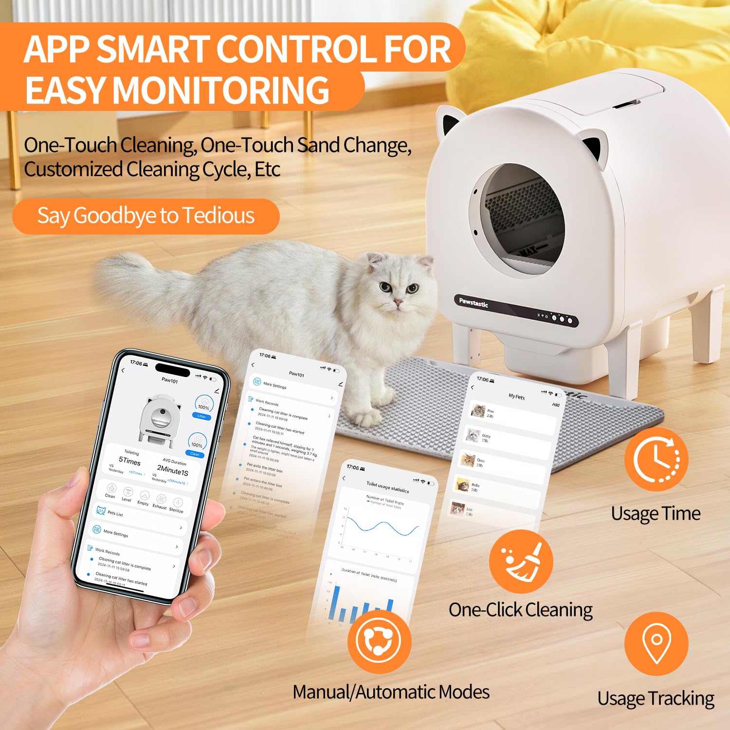 Pawstastic Self Cleaning Litter Box, 68 L Automatic Cat Litter Box for Multiple Cats, Robot with Dual Safety Protection, APP Con