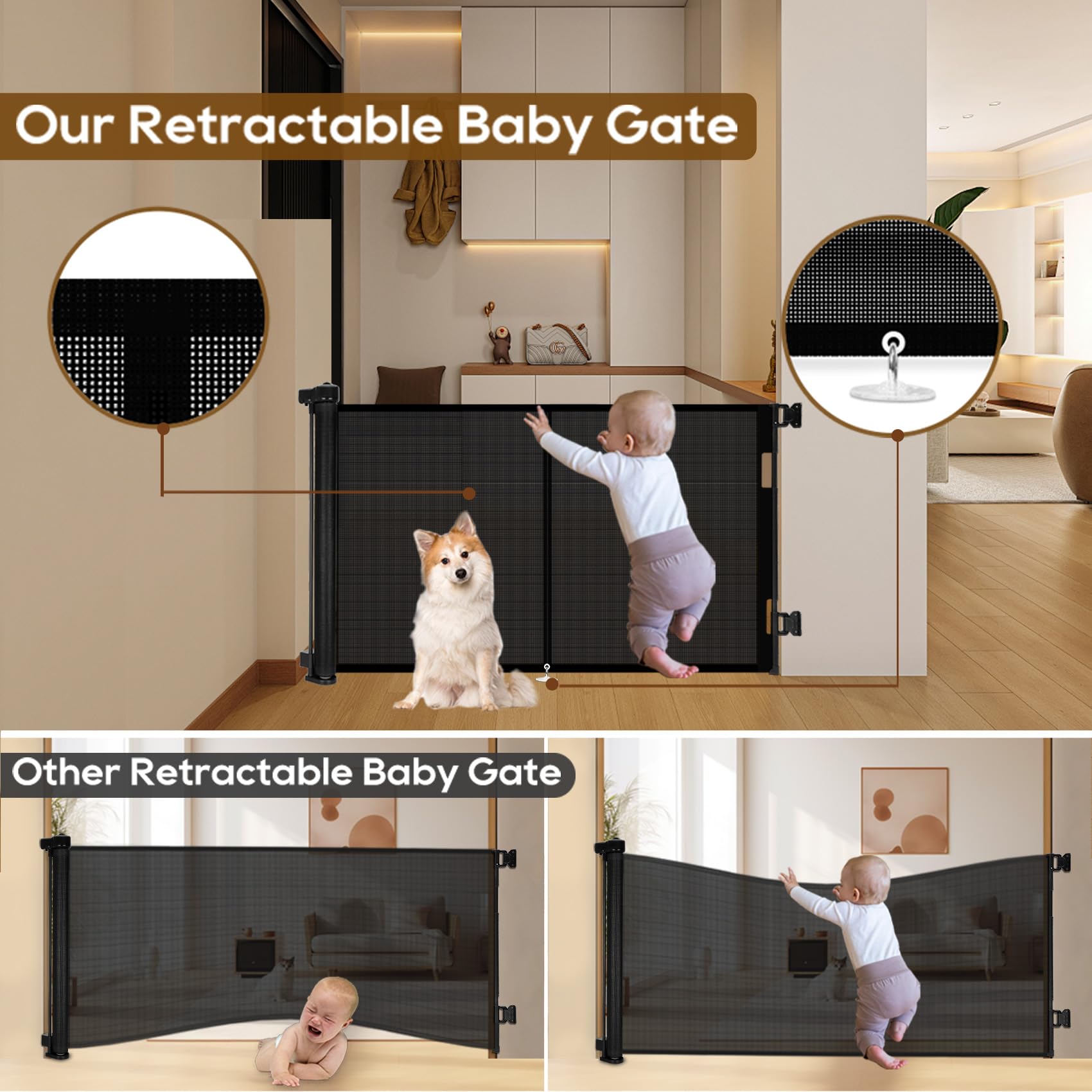 Upgrade 59' Retractable Baby Gates With Reinforced Strip Design To Prevent Crawling Through, 48' Tall Retractable Gate For Baby And Pet, 5 Ft Baby Gates For Stairs, Doorways, Hallways (Black)
