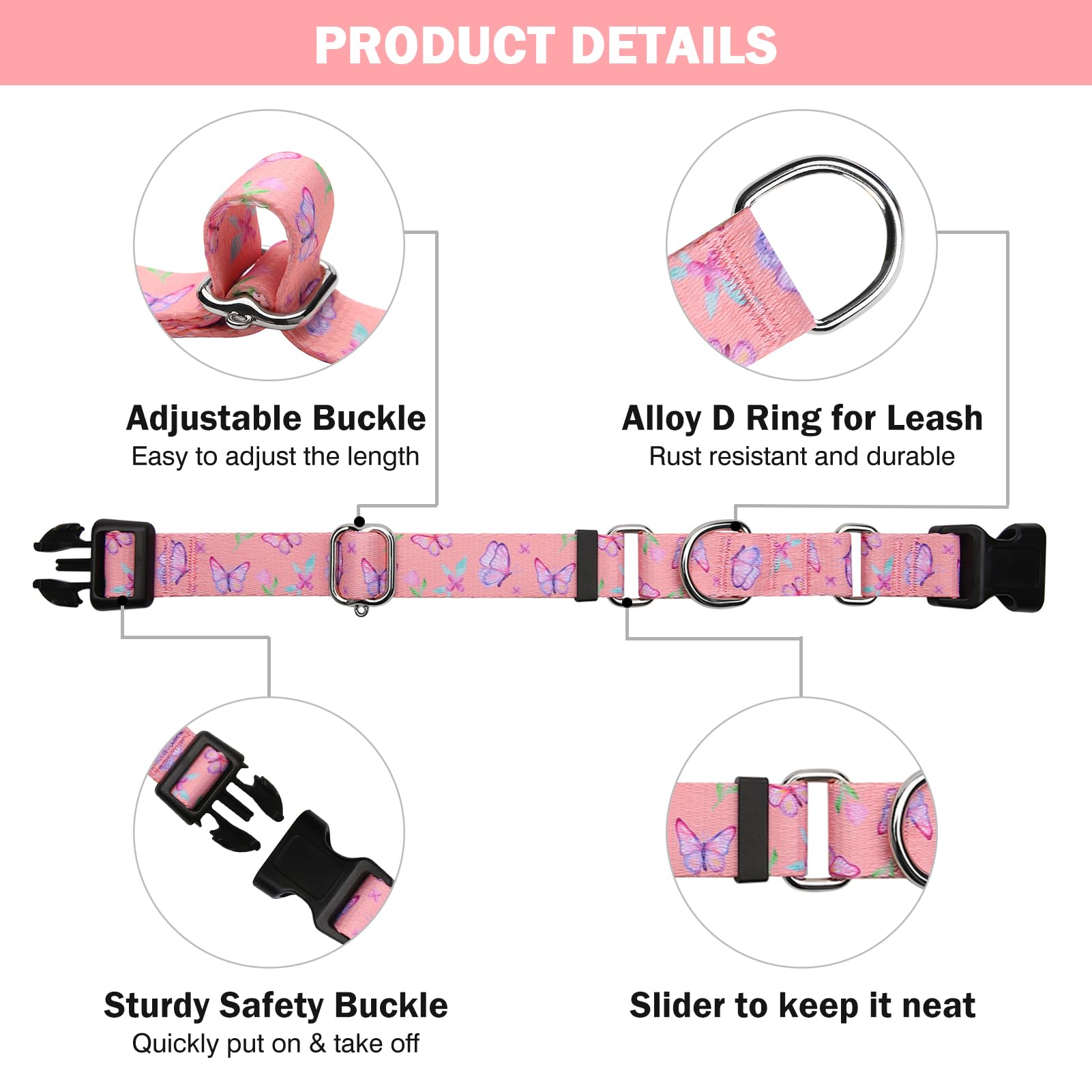Hikiko Martingale Collar For Dogs Adjustable Soft Nylon Dog Collars With Cute Patterns For Small Medium Large Dog(Pink Butterfly