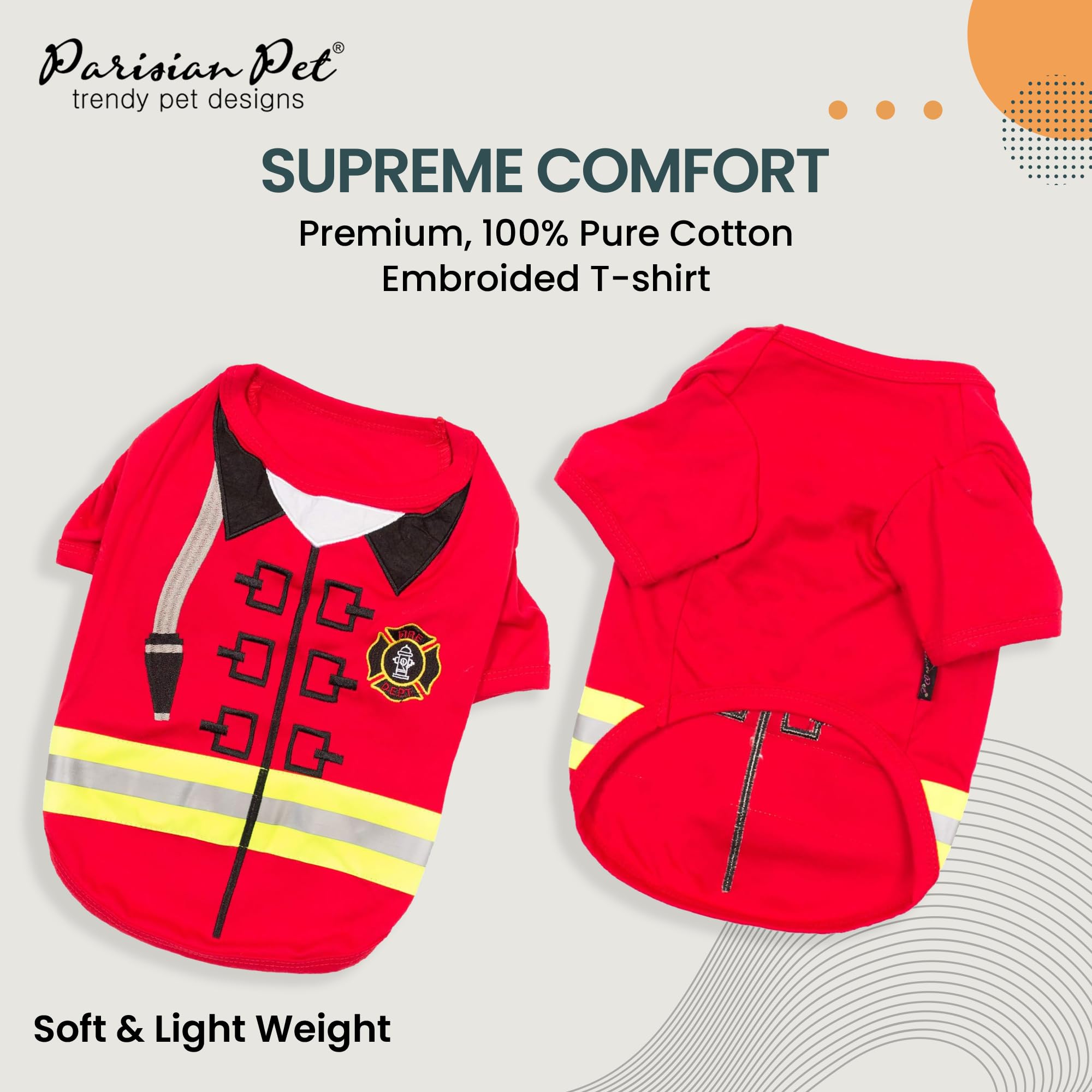 Parisian Pet Dog Shirt - Embroidered Dog Firefighter Costume - 100% Cotton And Polyester Dog Clothes - Sleeved Pet Costumes - Red Dog Costumes For Small Dogs - Lightweight Pet Shirts - S