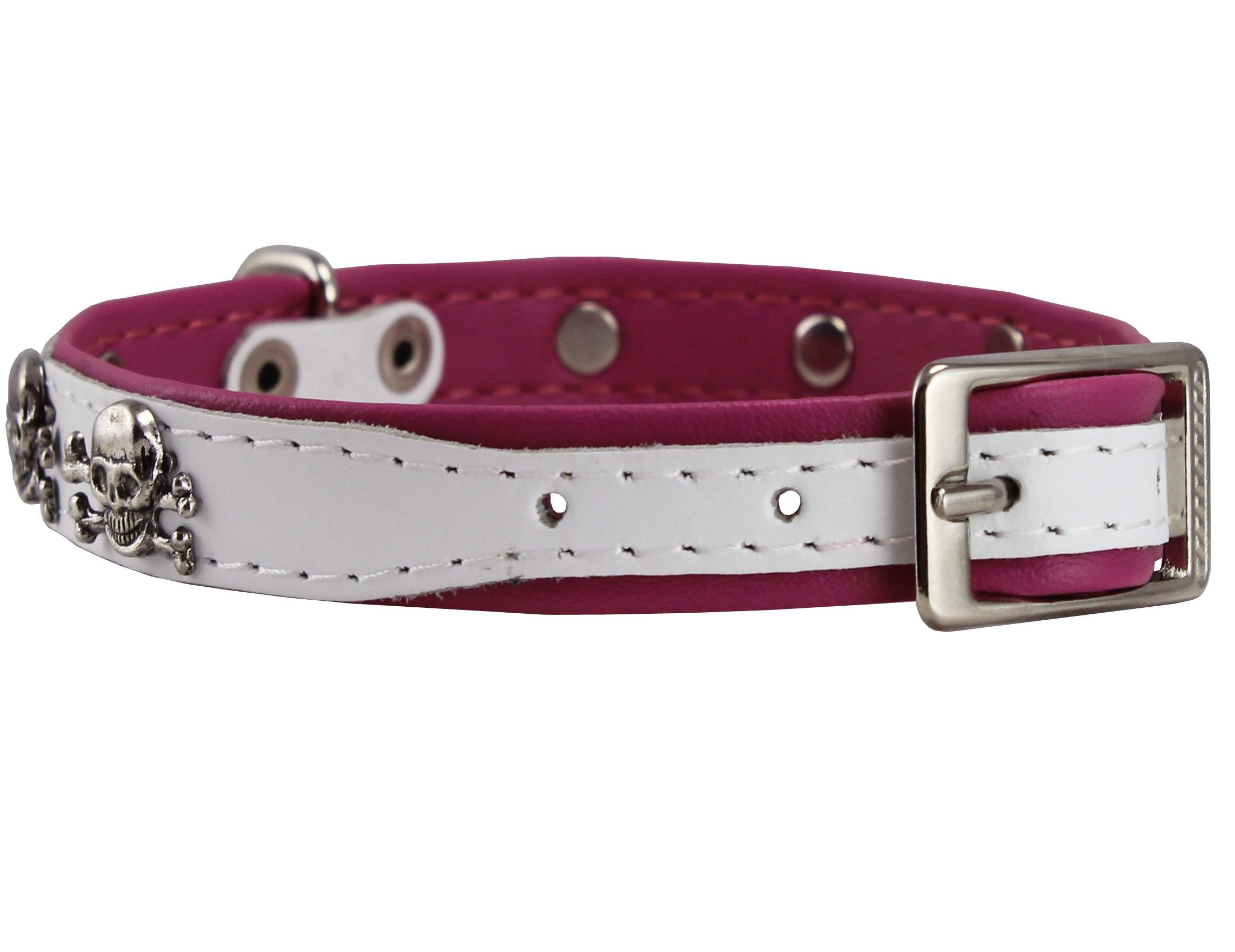Dogs My Love Real Leather Skull Studded Padded Dog Collar (11.5'-14' Neck; 5/8' Wide, White/Pink)