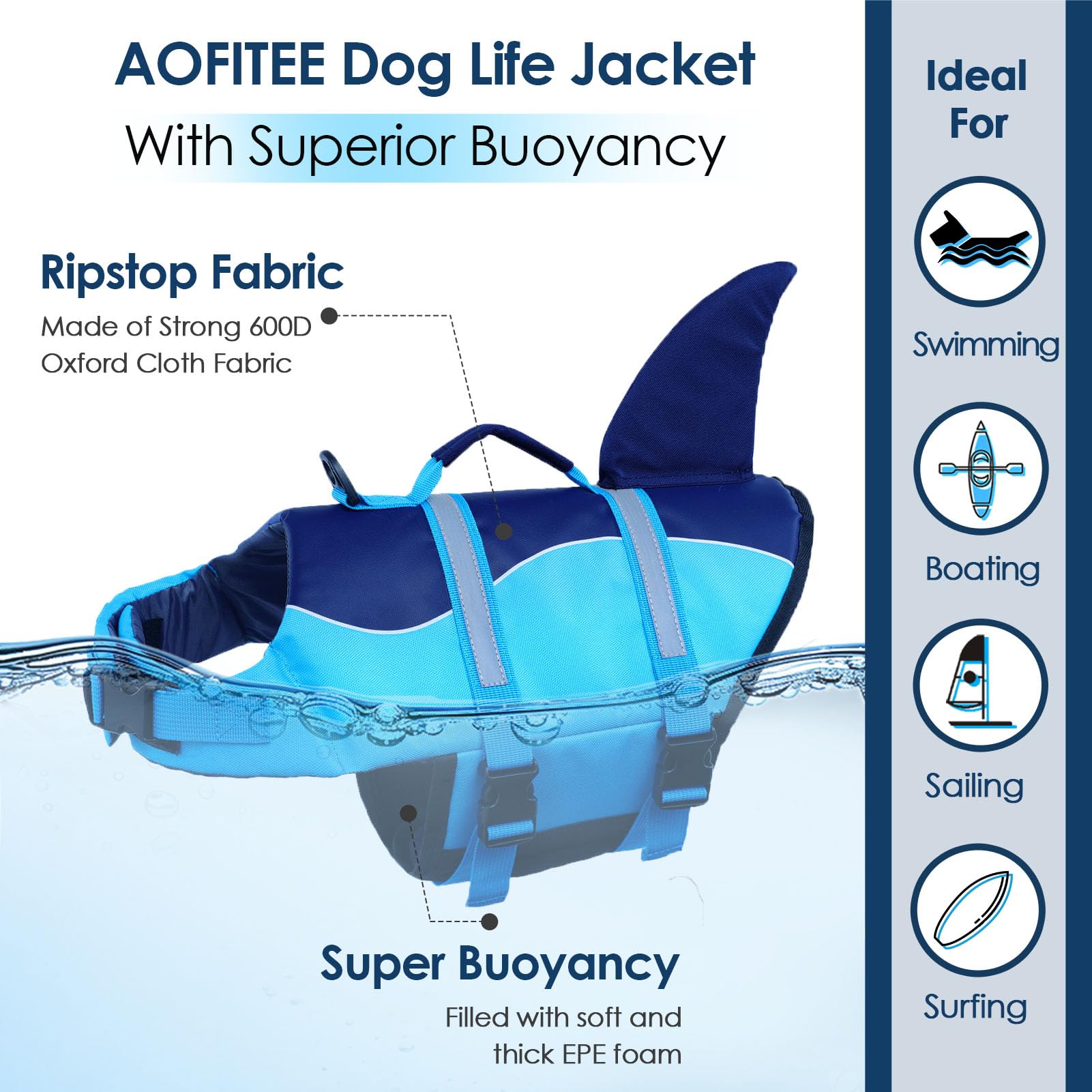 Aofitee Dog Life Vest For Swimming, Shark Dog Life Jacket Large, High Flotation Dogs Swimming Vest With Rescue Handle And Reflec