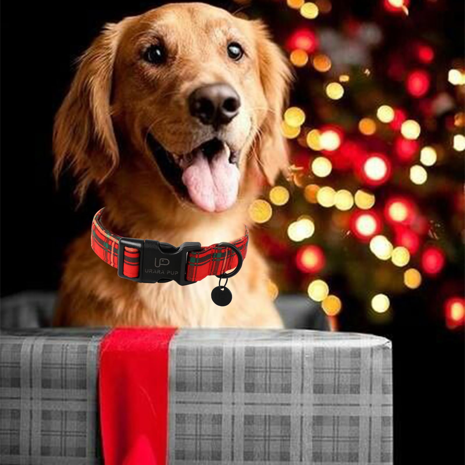 Up Urara Pup Christmas Dog Collar,Red Plaid Christmas Plaid Pet Collar With Quick Release,Adjustable Red Plaid Puppy Collar For