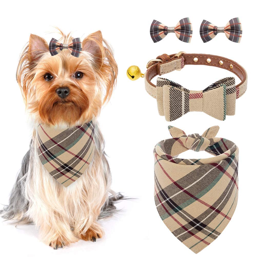 Pupteck Bow Tie Dog Collar With Bell - Classic Plaid Bandana Triangle Bibs Scarf Accessories