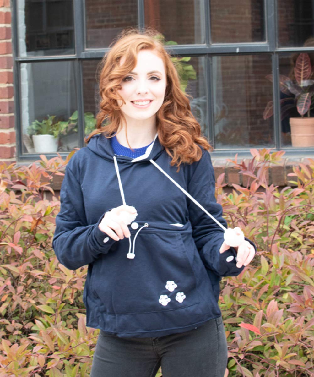 Unisex Big Pouch Hoodie Long Sleeve Pet Dog Holder Carrier Sweatshirt (Large, Navy Blue)