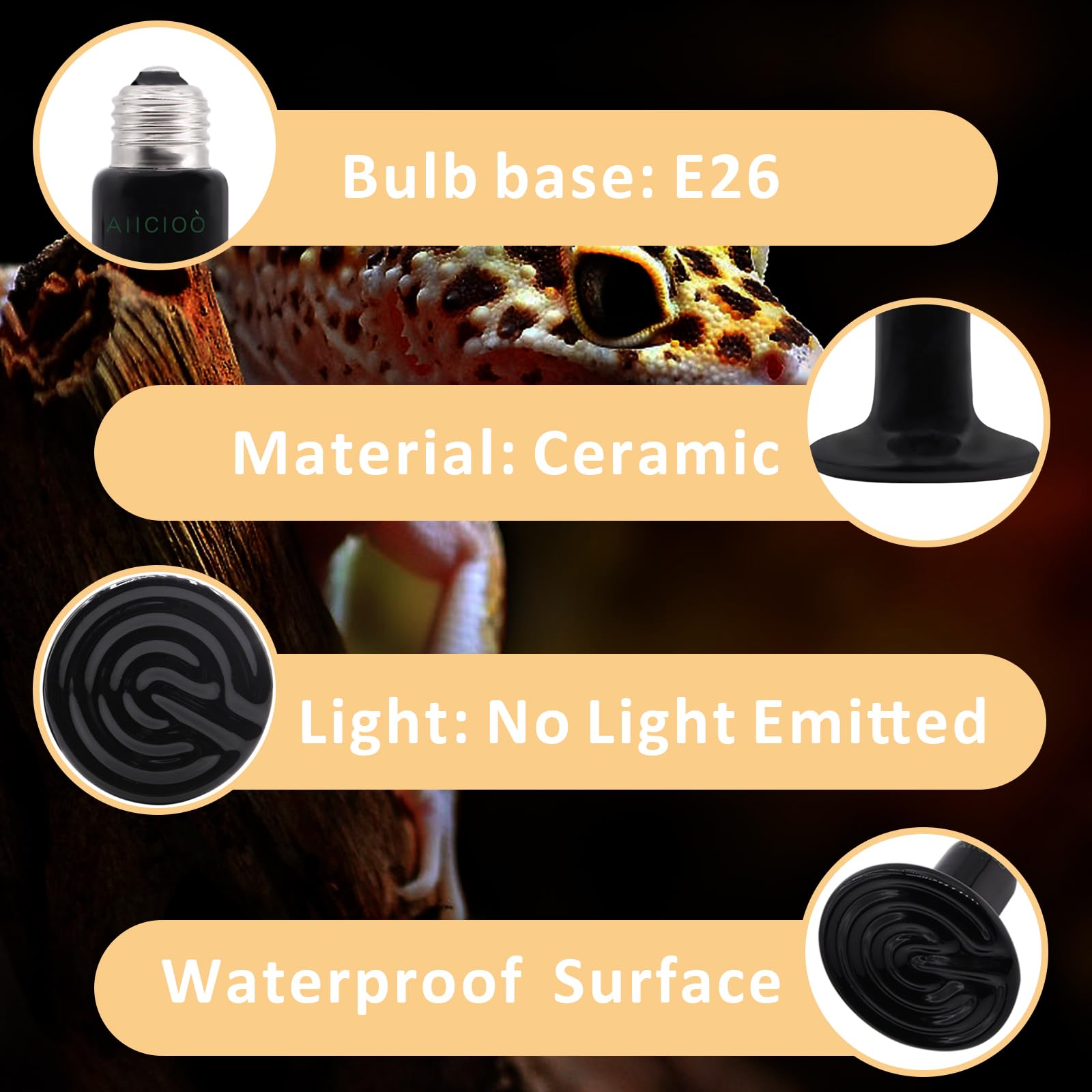 Aiicioo 50W Black Ceramic Heat Emitter 2Pack No Light Heat Bulb For Reptile Emitting Heat Lamp Bulb For Bearded Dragon Lizard To