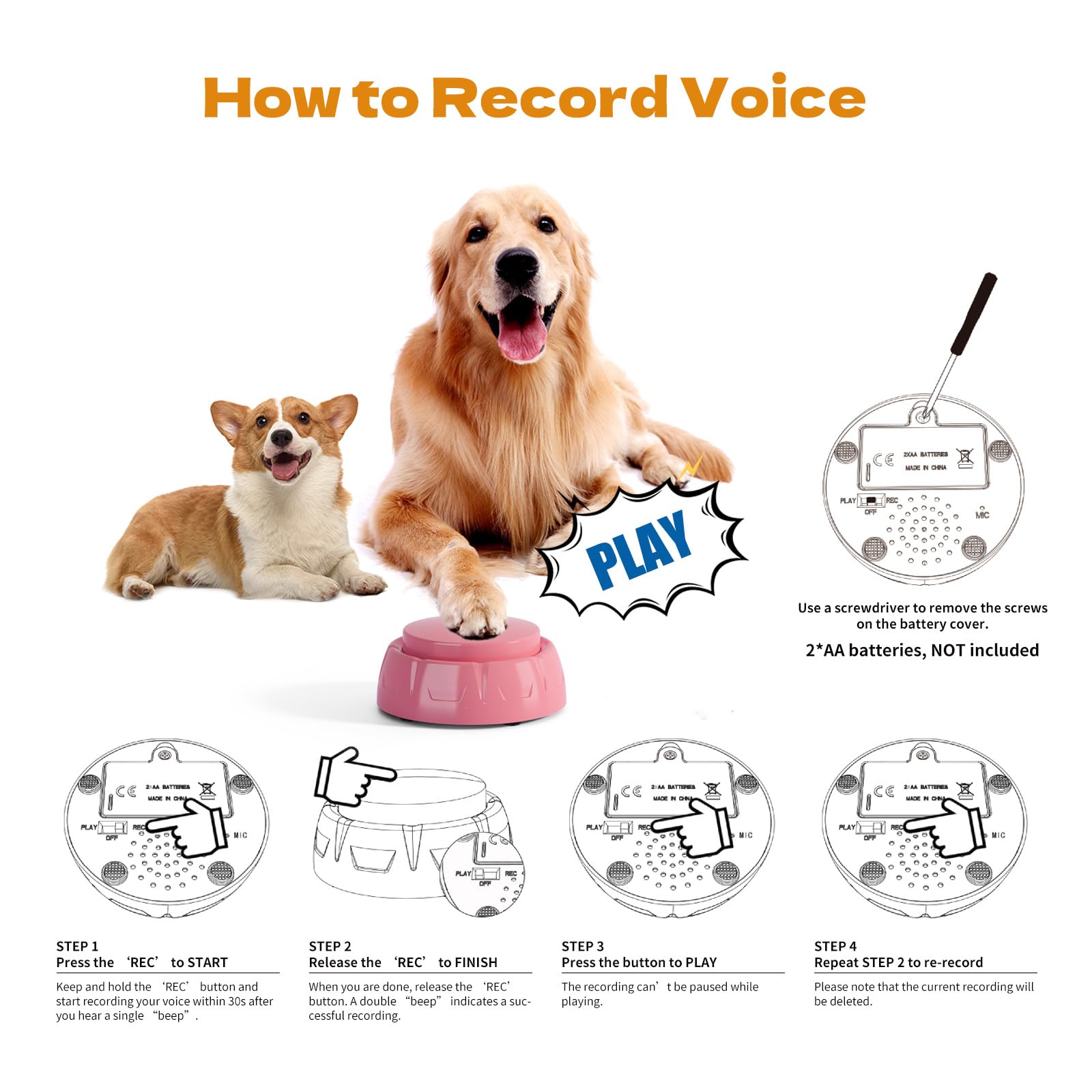 Recordable Pet Button, Dog Buttons For Communication Pet Training Buzzer, 30 Second Record & Playback, Aa Battery For Longer Bat