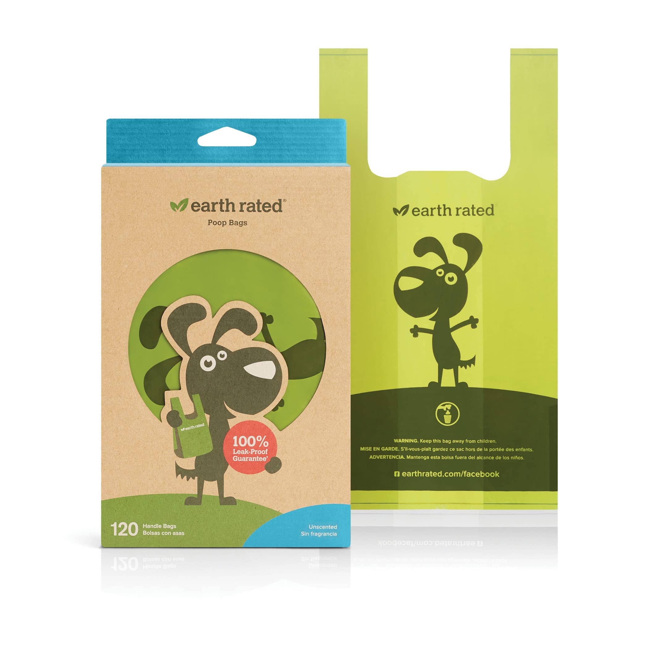 Earth Rated Dog Poop Bags With Handles, New Look, Easy Tie And Guaranteed Leakproof, Unscented, 120 Handle Bags