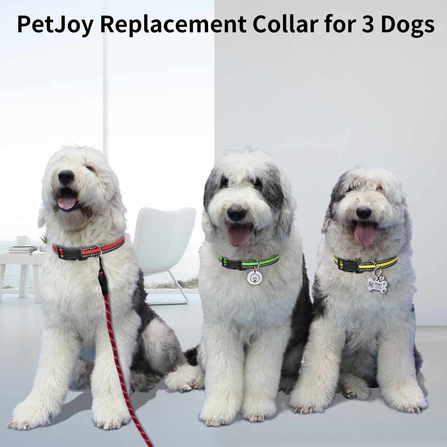 Petjoy 3-Pack Dog Collar - Quick-Release Buckle & D-Rings - Reflective Multi-Color (R/Y/G) - Adjustable 8-27'' For Most E-Collar