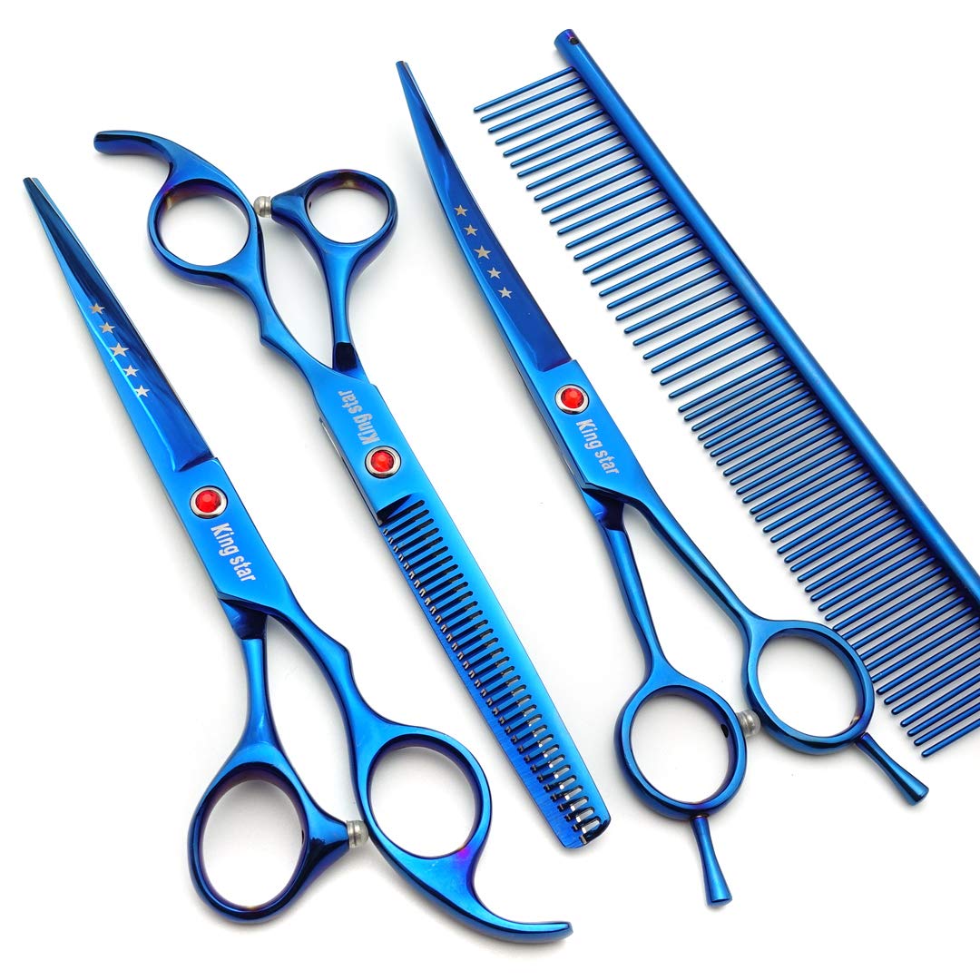 7.0in Titanium Professional Pet Grooming Scissors Set,Straight & Thinning & Curved Scissors 3pcs Set for Dog Grooming,A350 (Blue