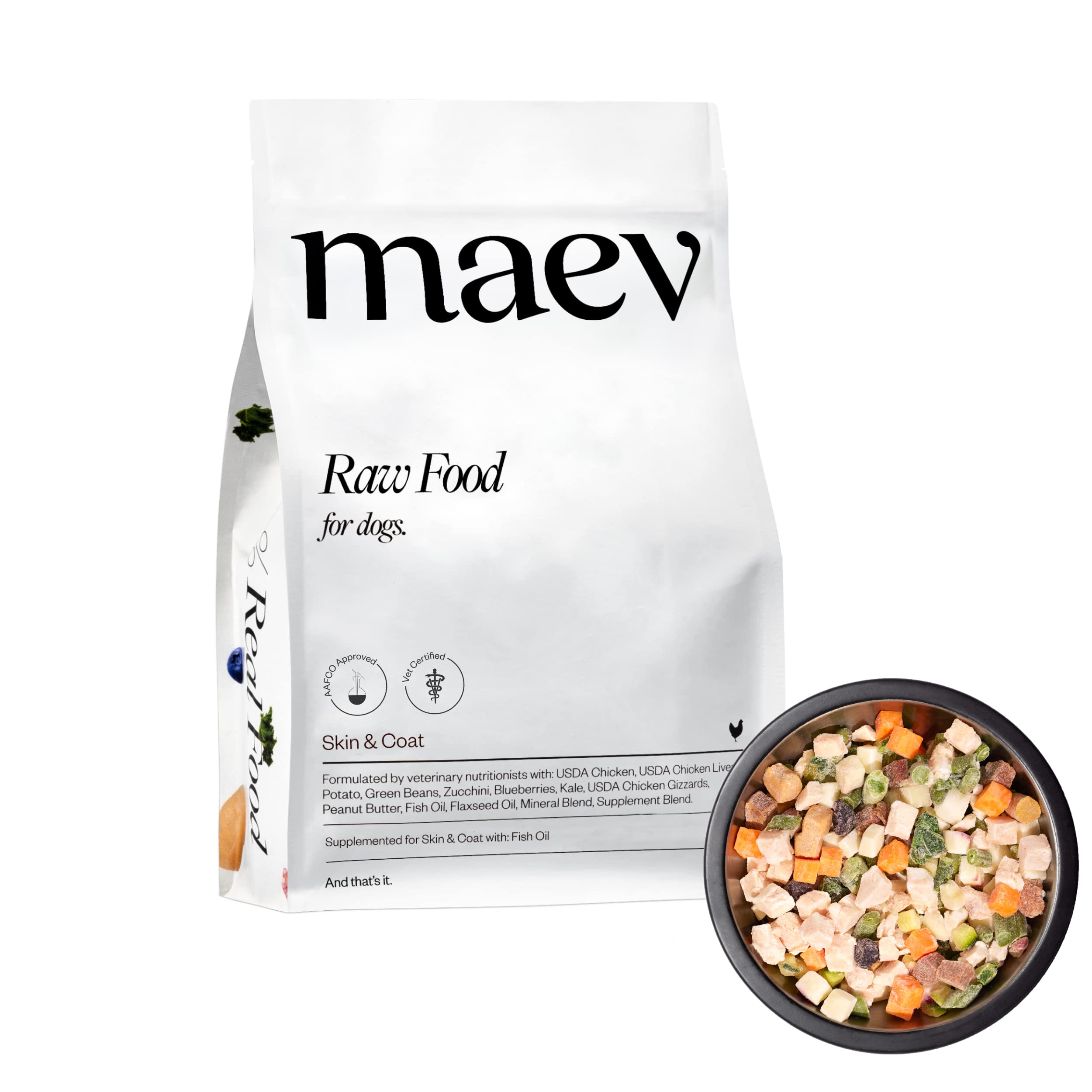 Maev Human-Grade Fresh-Frozen Chicken Dog Food, Skin & Coat Formula | High-Protein, Grain-Free, Whole Ingredient Raw Food for Do