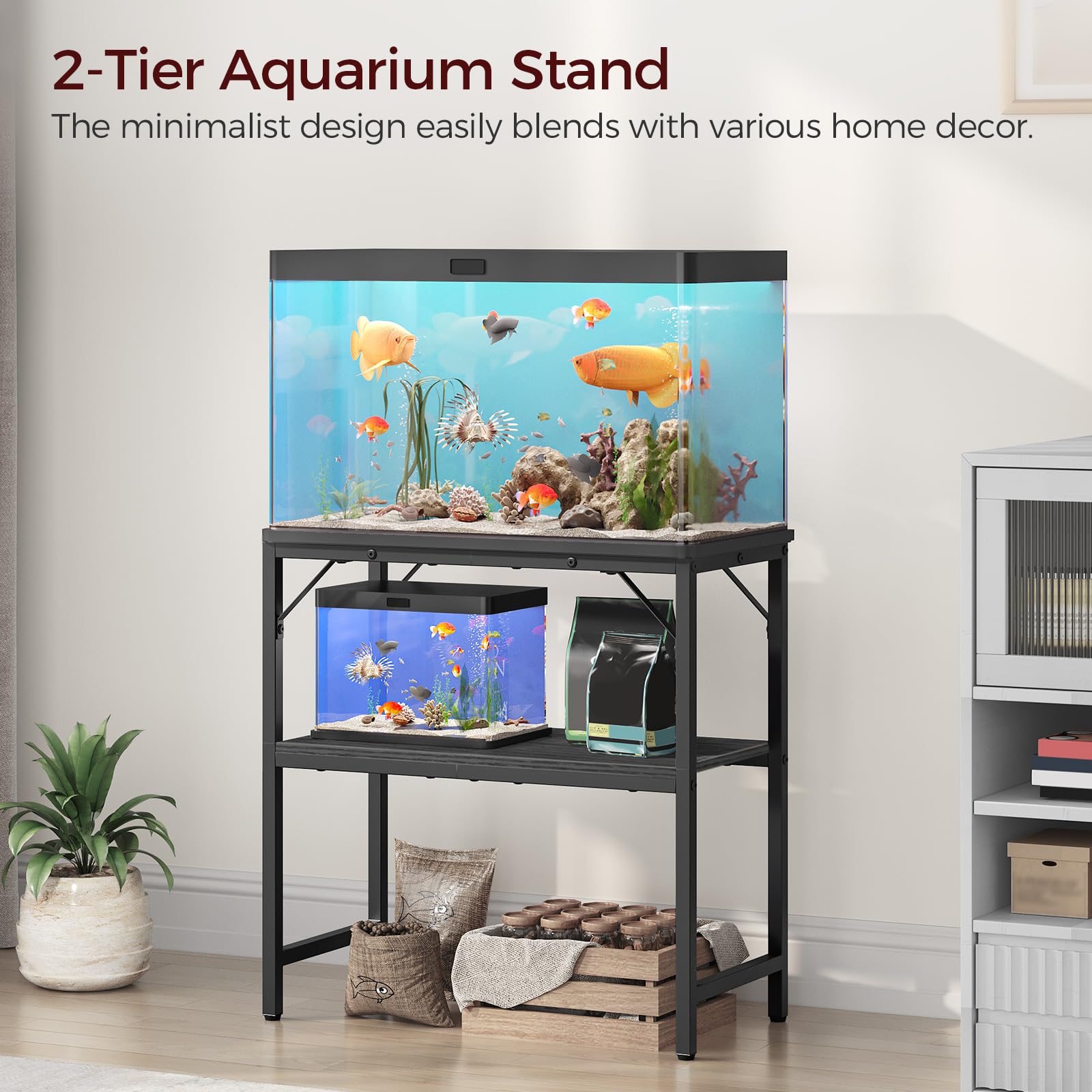 MAHANCRIS 20 Gallon Fish Tank Stand, Aquarium Stand with 2-Tier Storage Shelves, Heavy Duty Breeder Turtle Terrarium Stand Rack