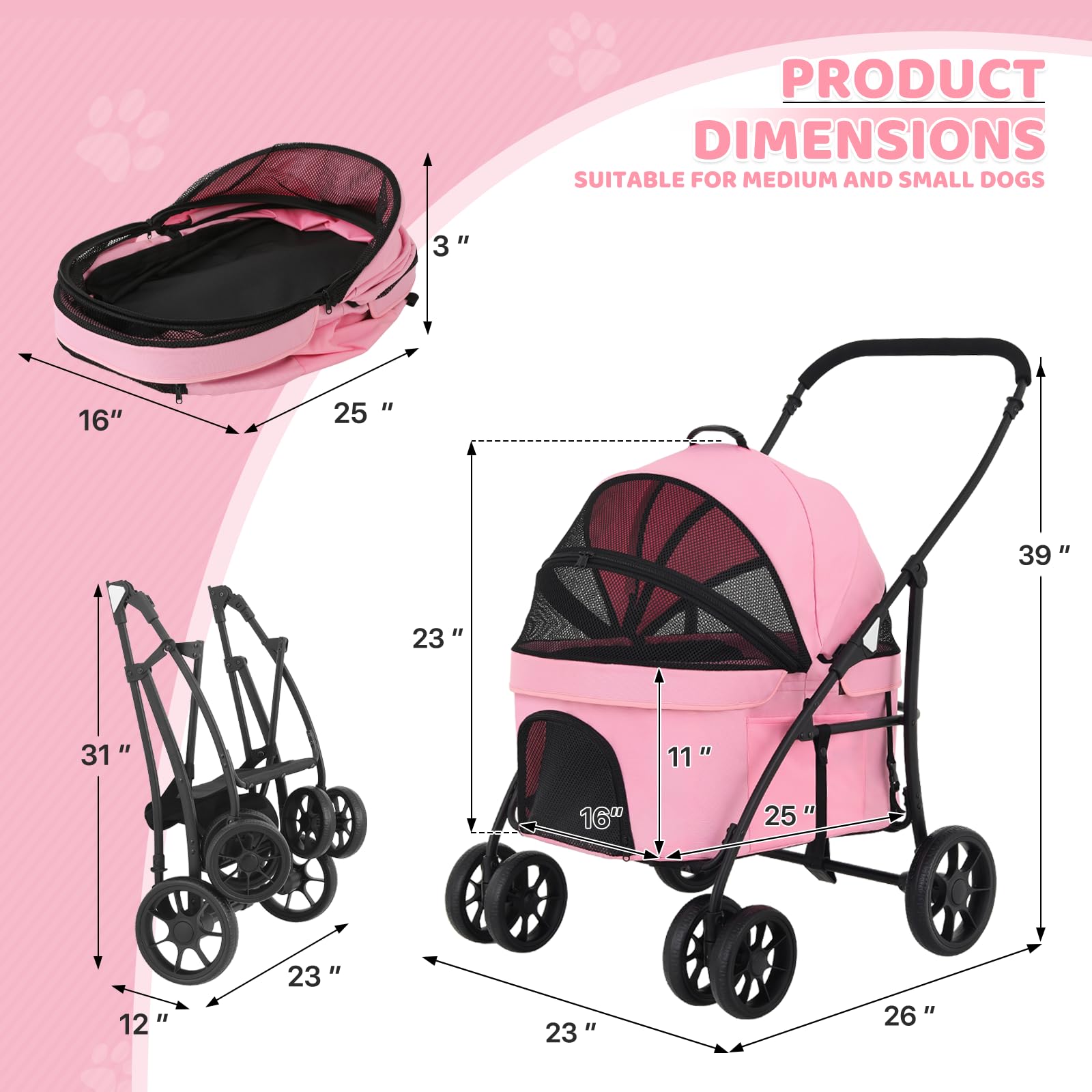 Magshion Pet Stroller For Medium Dogs & Cats Up To 45Lbs, 4 Wheels Foldable Dog Travel Cart W/Detachable Carrier, Sun Cover, Bre