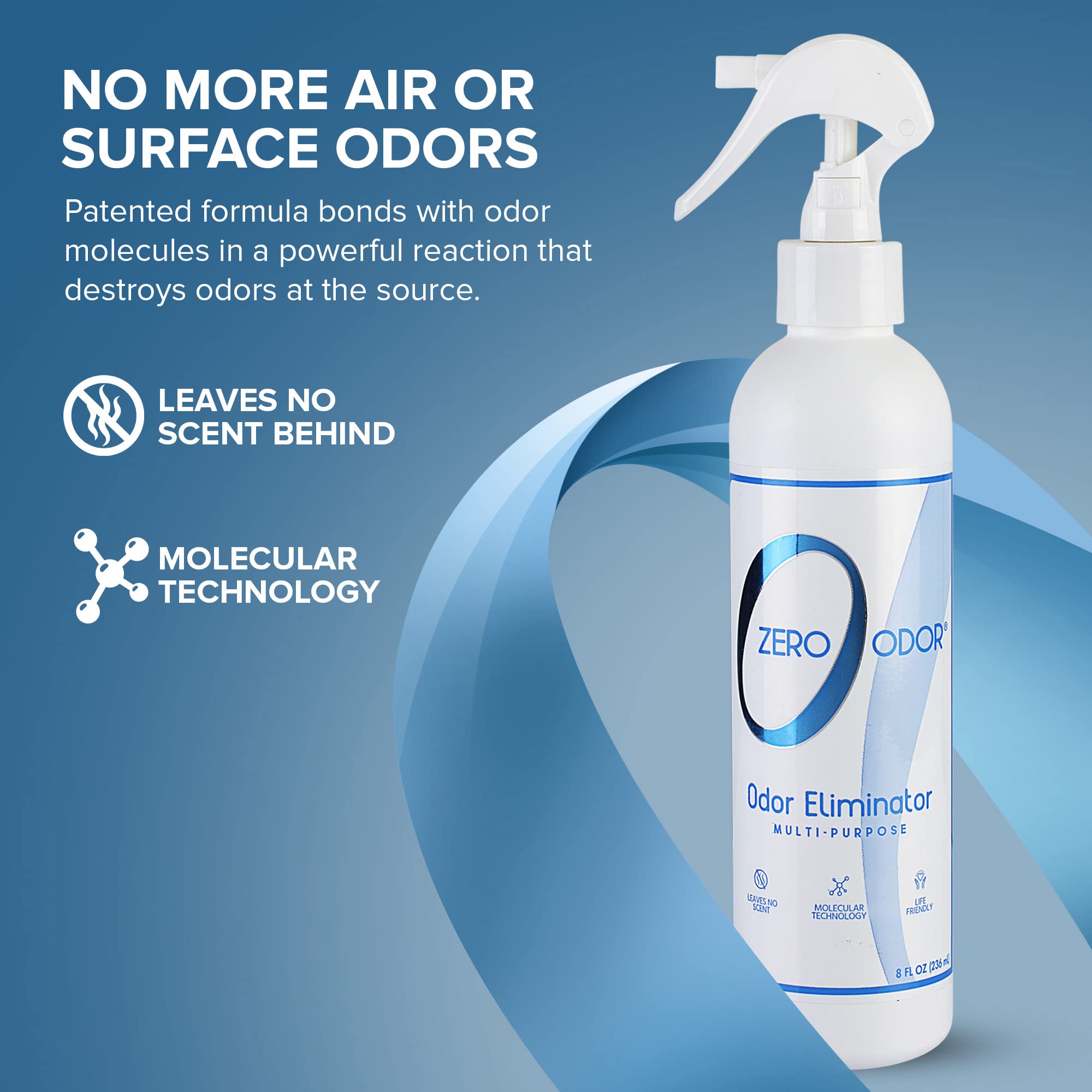 Zero Odor Multi-Purpose Odor Eliminator, 8oz - Eliminate Air & Surface Odors in Bathroom, Kitchen, Fabric, Closet - Smell Great Again